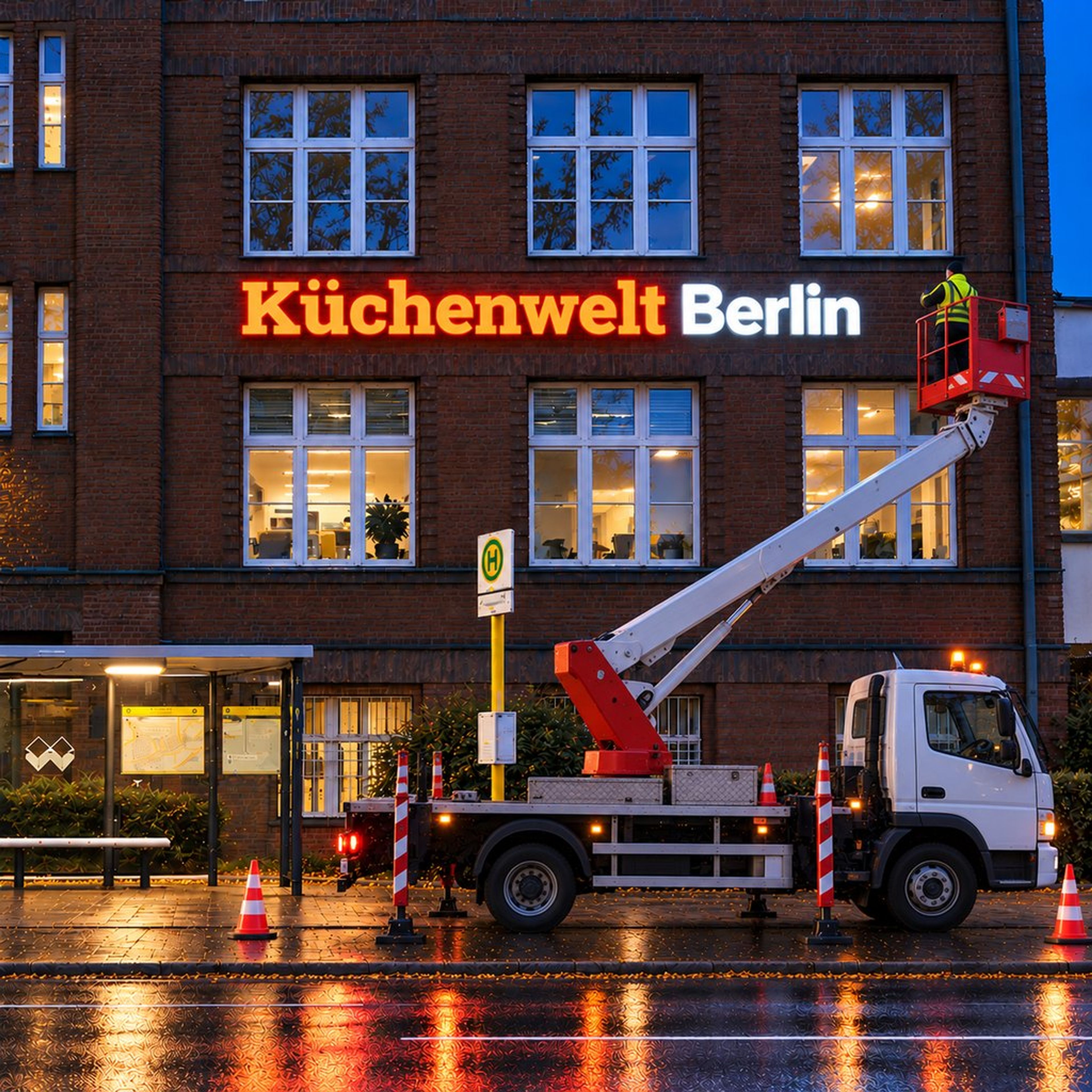 Am Abend leuchtet der Schriftzug „Küchenwelt Berlin“, daneben eine Hubarbeitsbühne mit Monteur