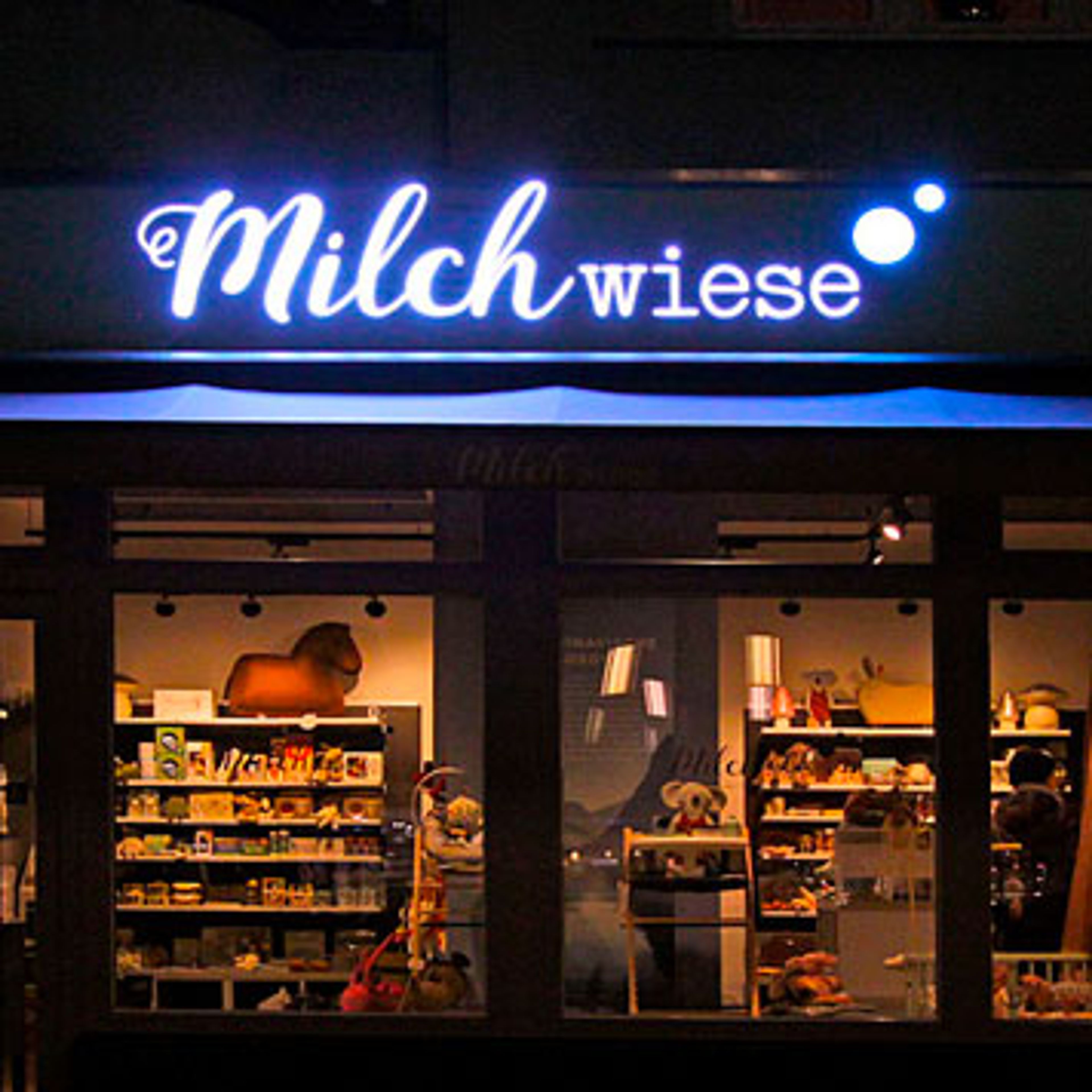 Leuchtender Schriftzug in Schreibschrift über dem Schaufenster eines Ladens mit Spielwaren, bei Nacht