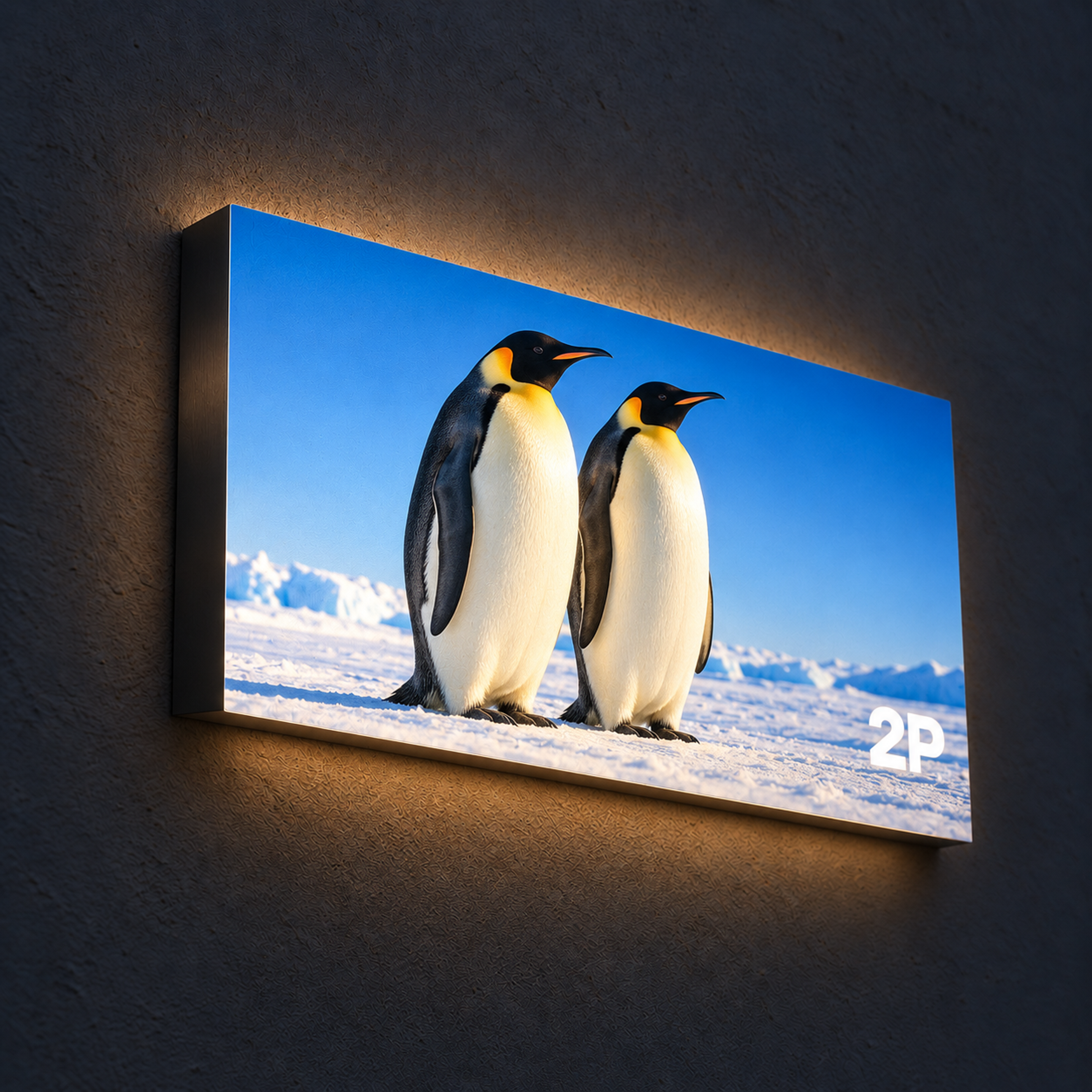 Leuchtrahmen mit leuchtendem Pinguin-Motiv an einer dunklen Wand