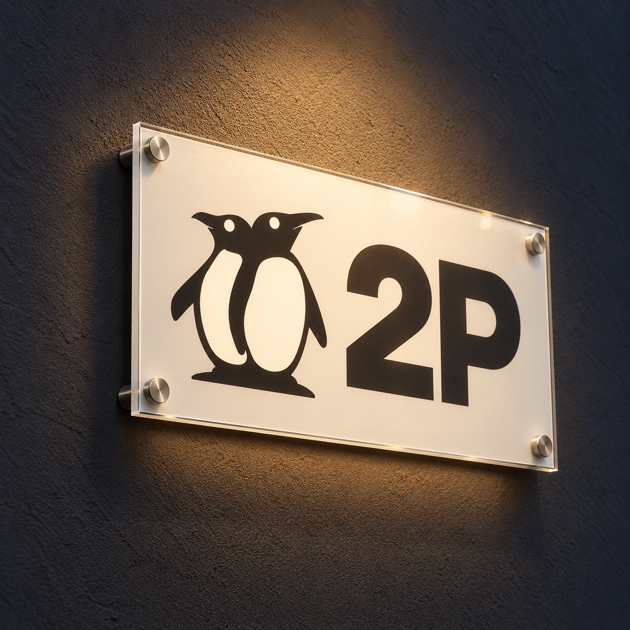 Schild mit Pinguin-Logo an einer dunklen Wand