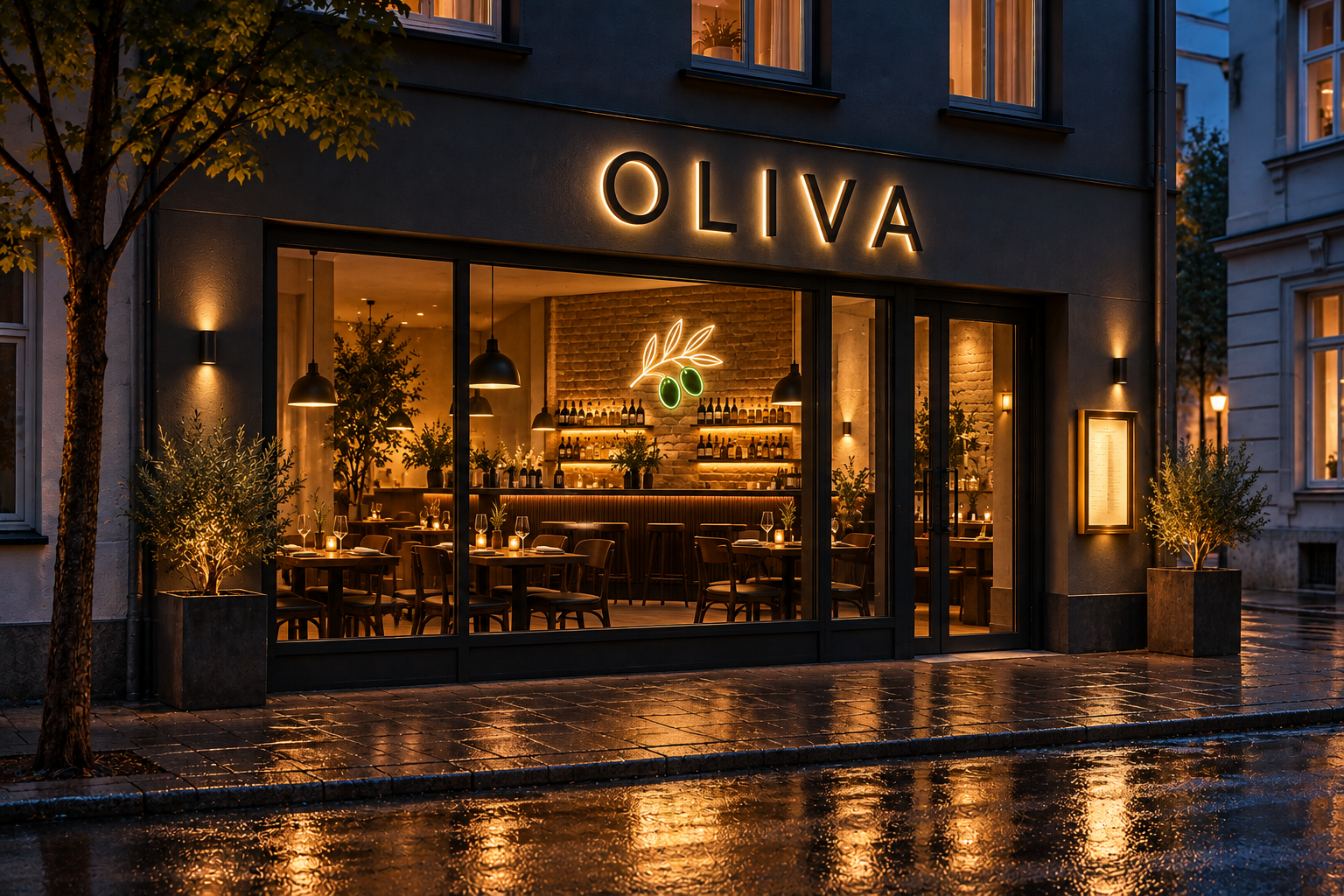 Restaurant am Abend: hinterleuchtete Buchstaben an der Fassade, beleuchtete Speisekarte am Eingang und leuchtender Olivenzweig an der Wand hinter der Bar