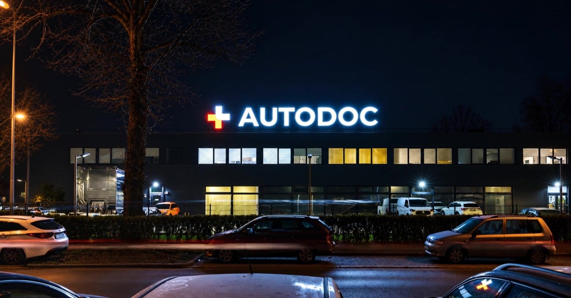 Beleuchteter Schriftzug AUTODOC oben an einer Firmenhalle bei Nacht