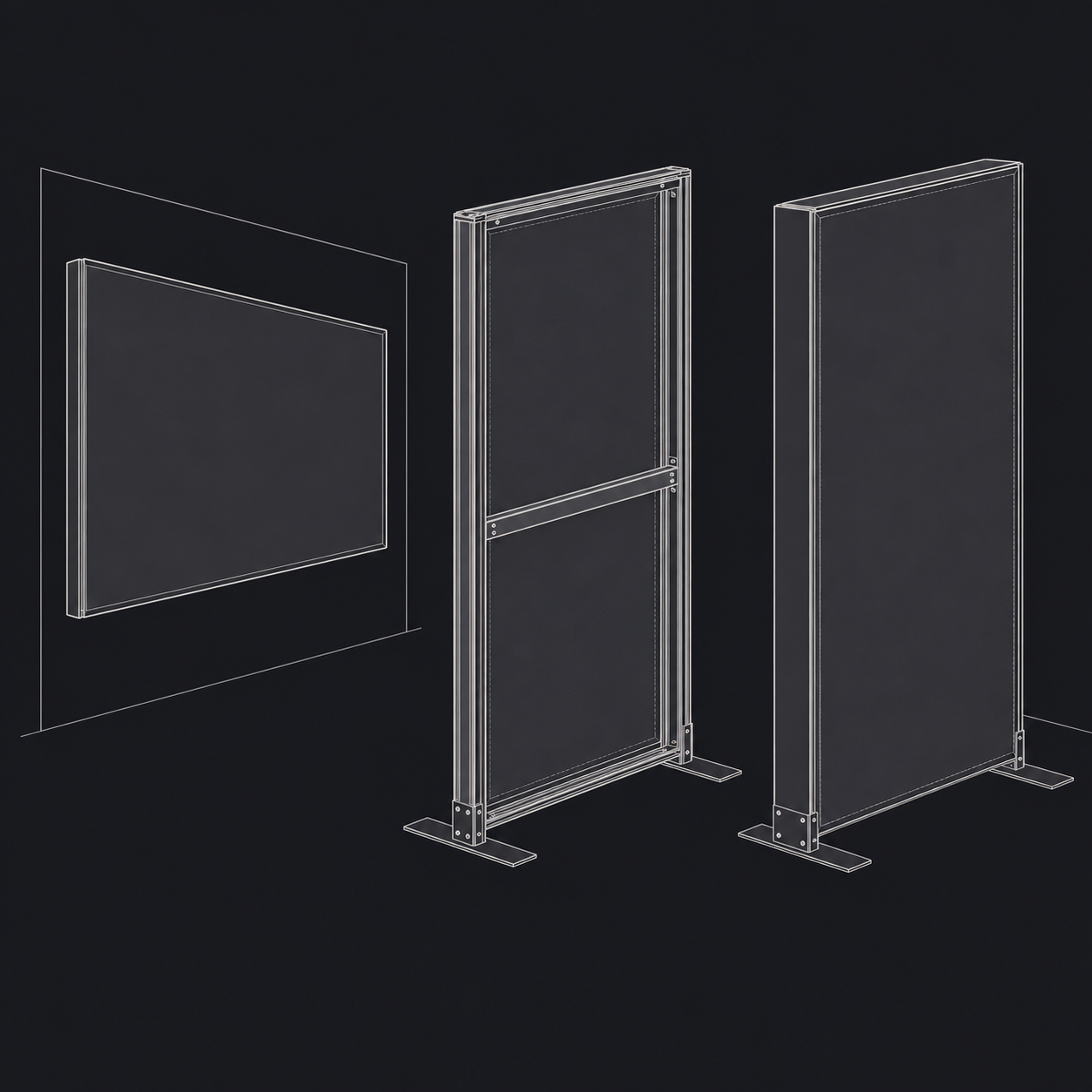 Zeichnung des Smart Frame in drei Bauformen: an der Wand einseitig, frei stehend einseitig mit offener Rückseite und Querstrebe, frei stehend beidseitig bespannt