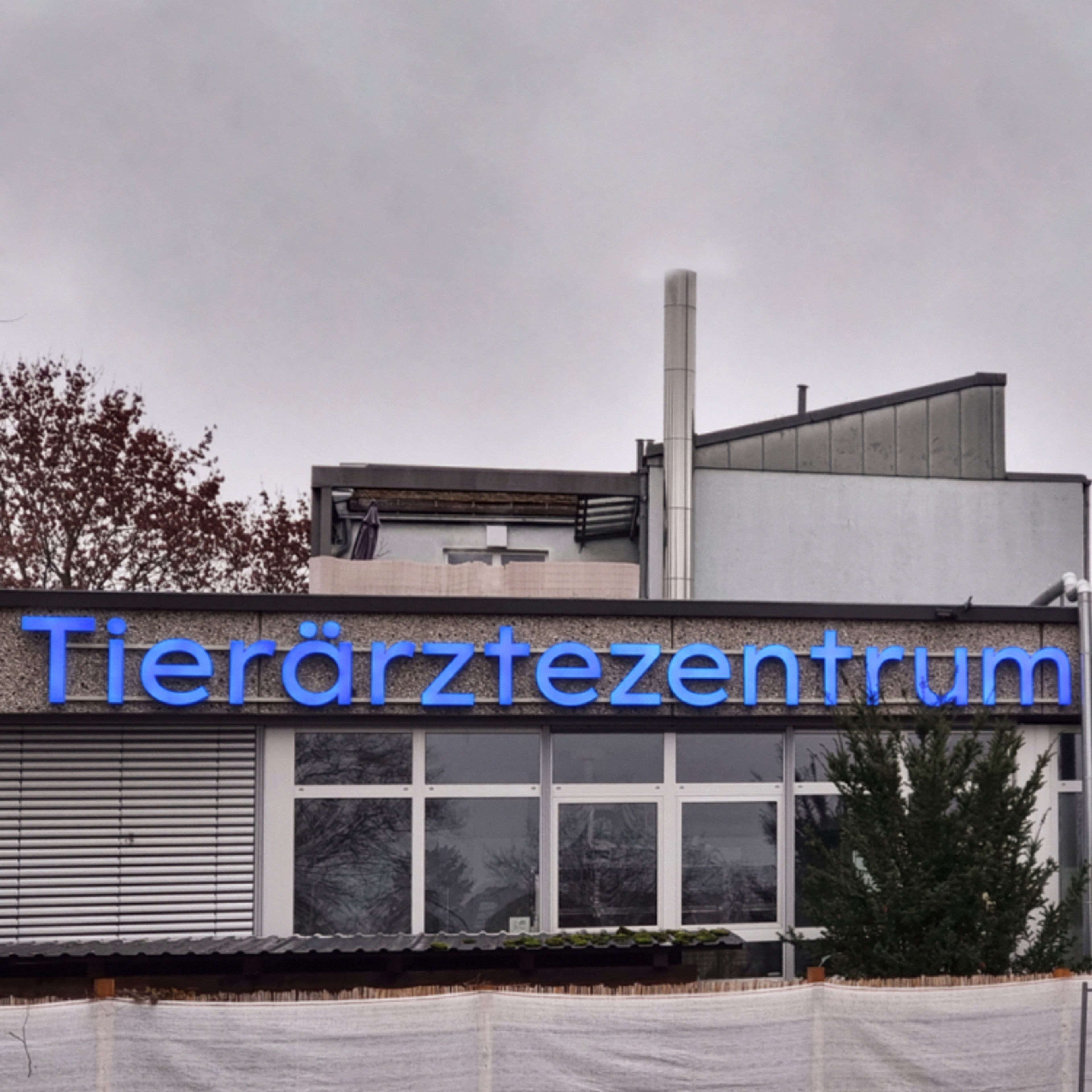 Blaue Leuchtbuchstaben an der Front eines flachen Gebäudes, bei Tag