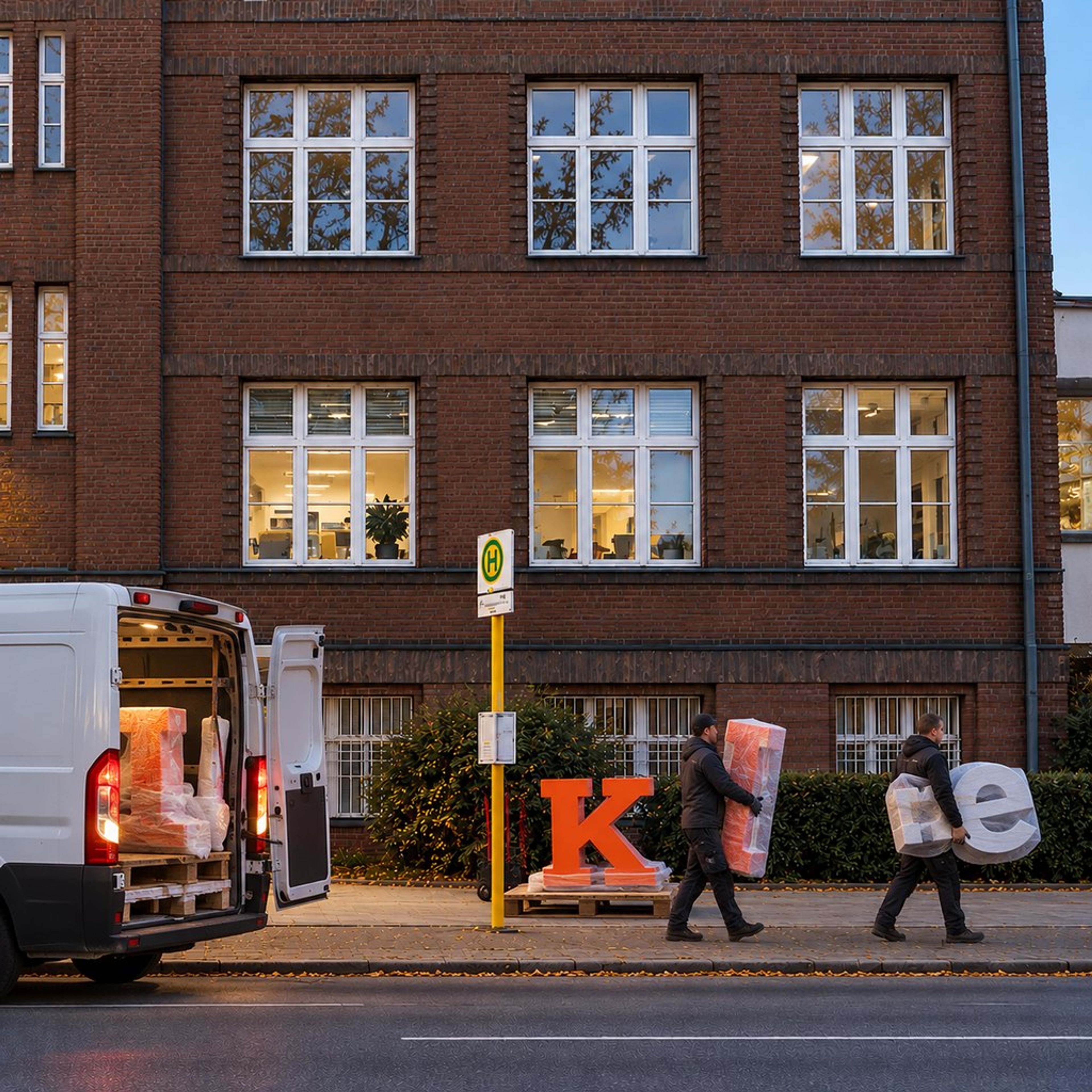 Lieferwagen vor dem Gebäude, Monteure tragen verpackte Buchstaben, ein orangefarbenes „K“ steht auf einer Palette