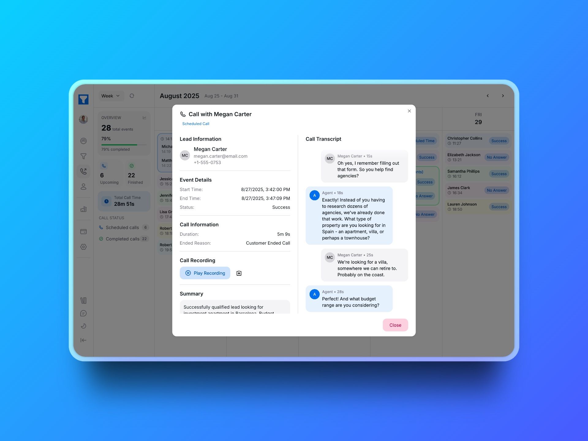 Lead Calling Screenshot of Transcript