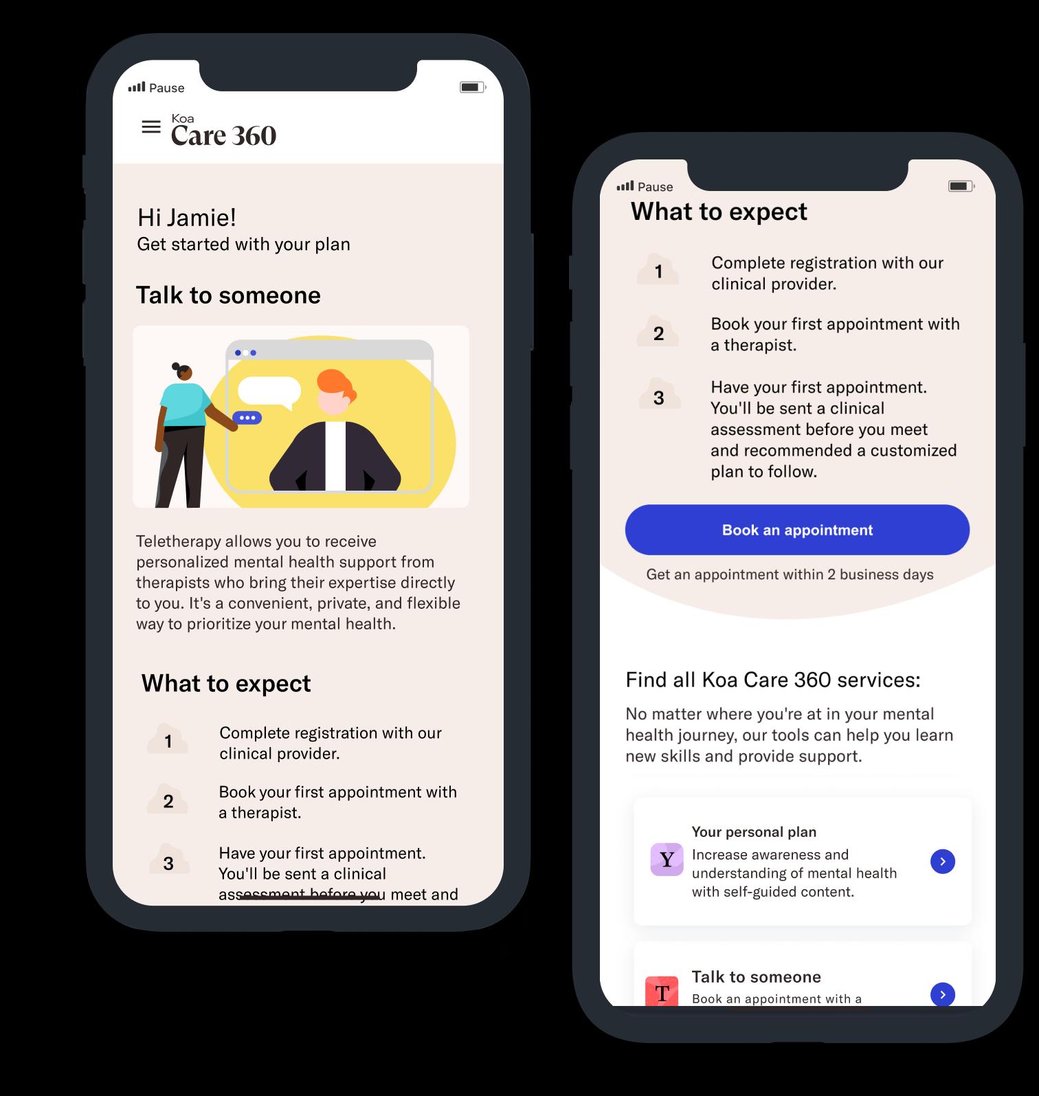 Koa Care 360 Talk To Someone Screens - What to expect in Teletherapy