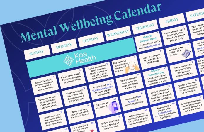 Koa Health's monthly mental wellbeing calendar helps you reconnect with your mental health on a daily basis