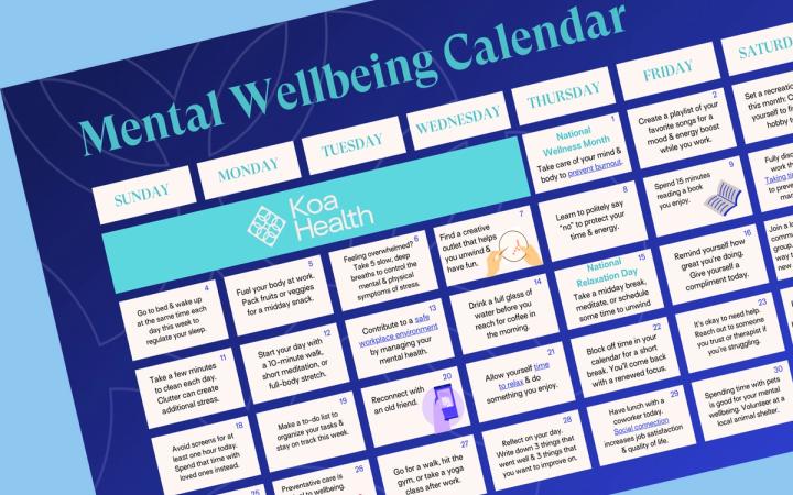 Koa Health's monthly mental wellbeing calendar helps you reconnect with your mental health on a daily basis