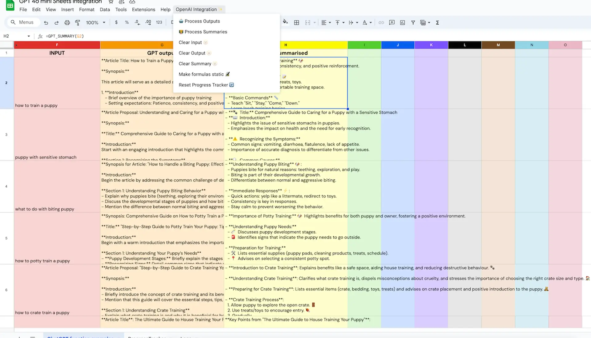 Template OpenAI API in Google Sheets Apps Script integration