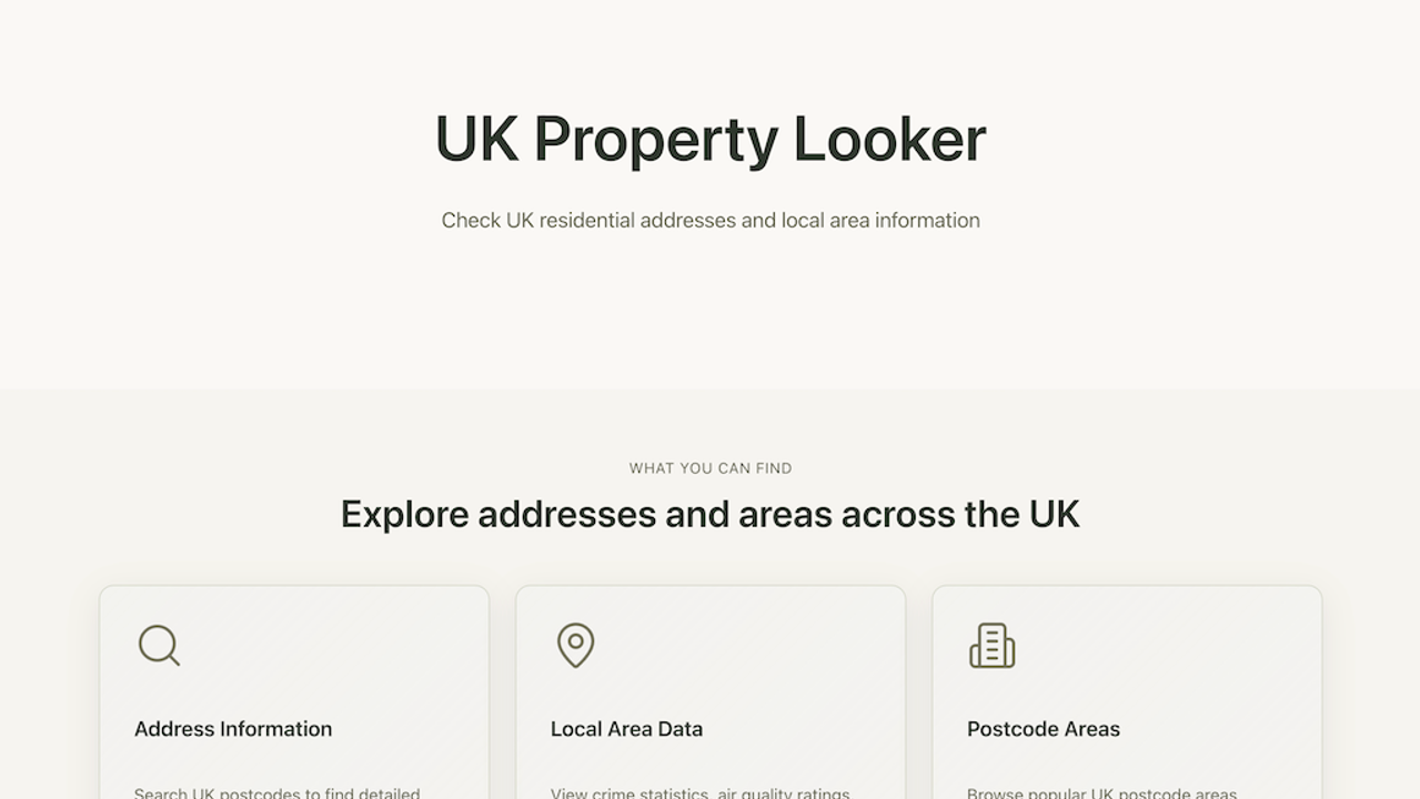 UK Property Looker homepage showing address search, local area data, and postcode area features