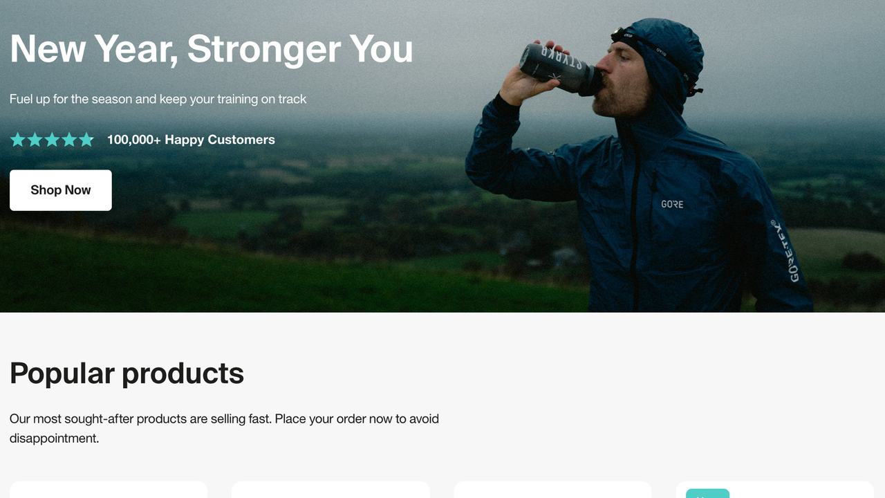 STYRKR homepage showing sports nutrition products including energy gels, bars, and hydration