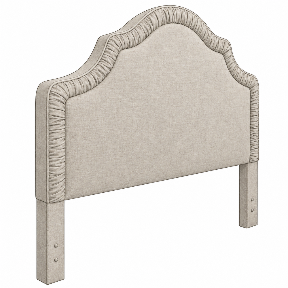 Mocked image of headboard with ruched border in grey fabric