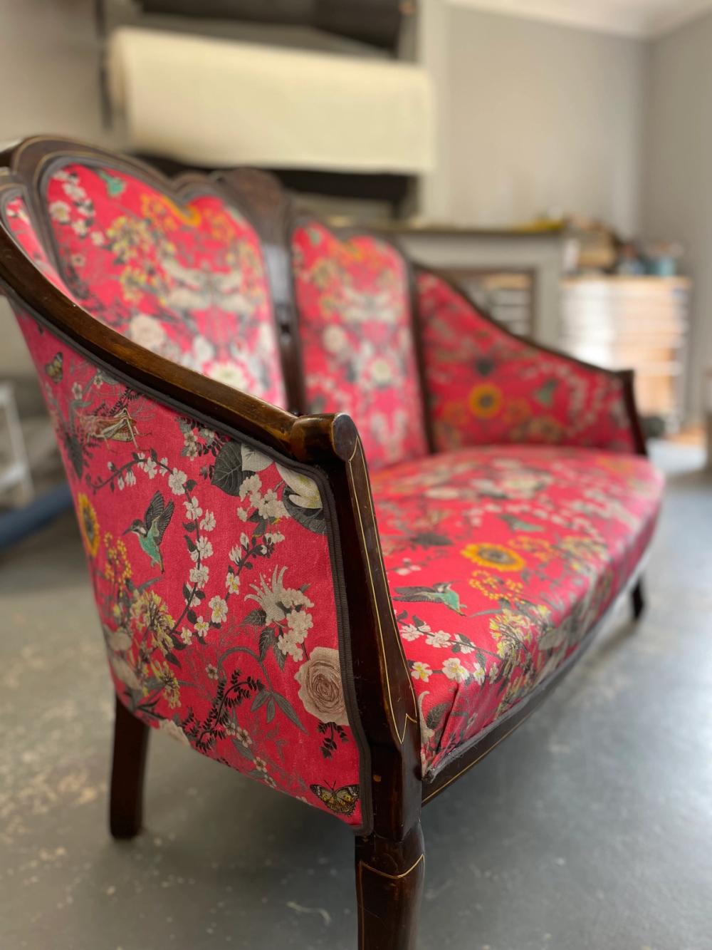 Two seater upholstered bench in bright pink Japanese style wildlife pattern