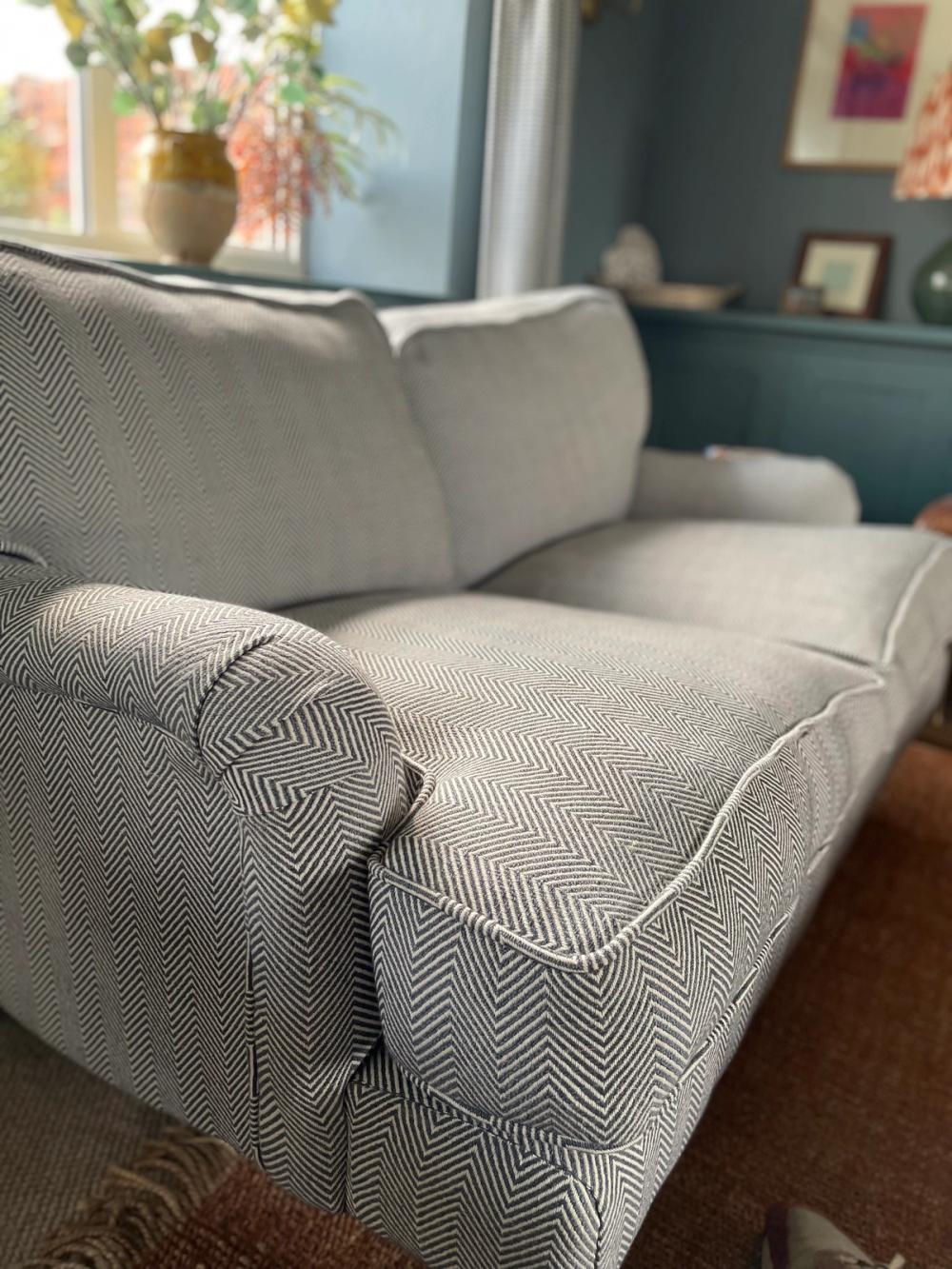 Three seat test sofa in light grey pinstripe fabrics