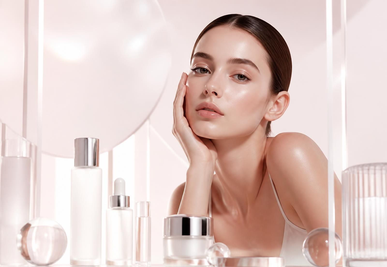 SYMETRA Women campaign portrait in a pearl and frosted glass environment