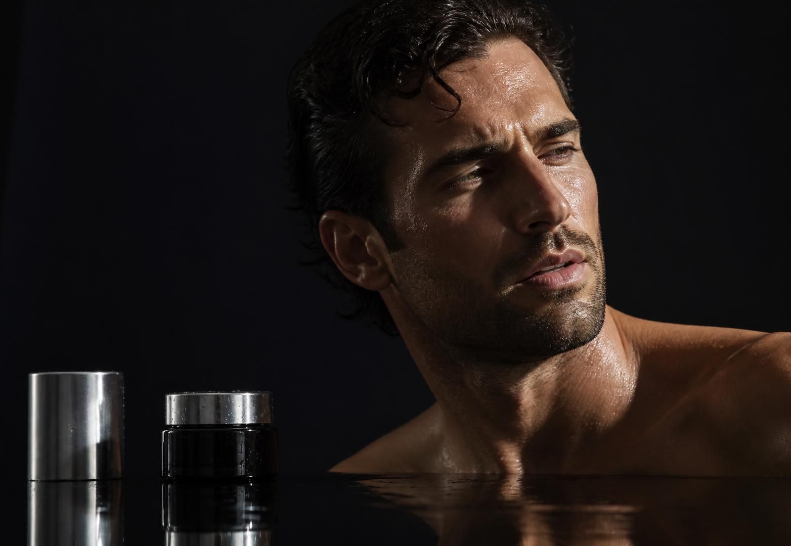 SYMETRA Men campaign portrait lit against a near-black environment