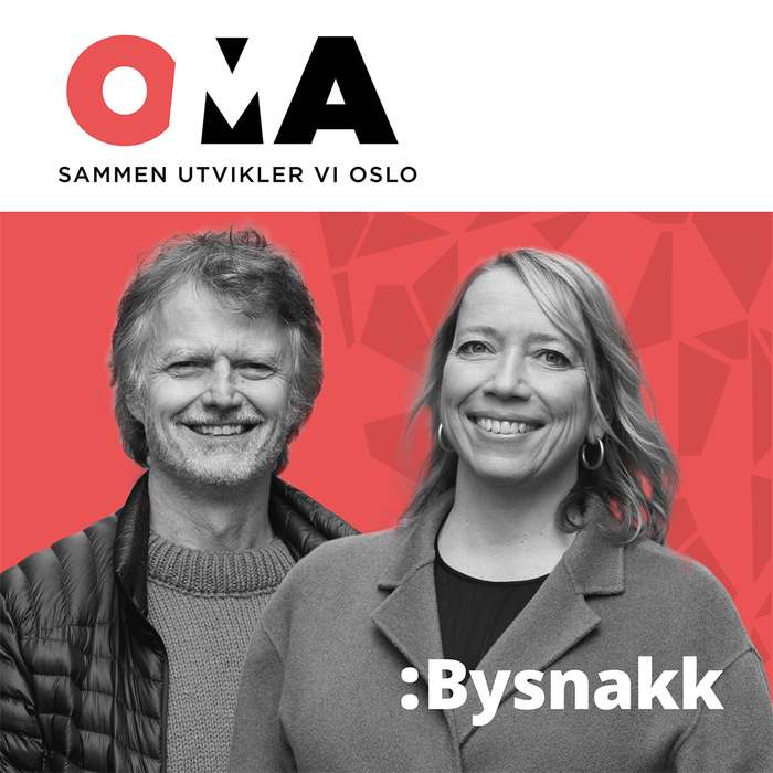Plakat for podkast Bysnakk, Erling Fossen og Maren Bjerkeng smiler.
