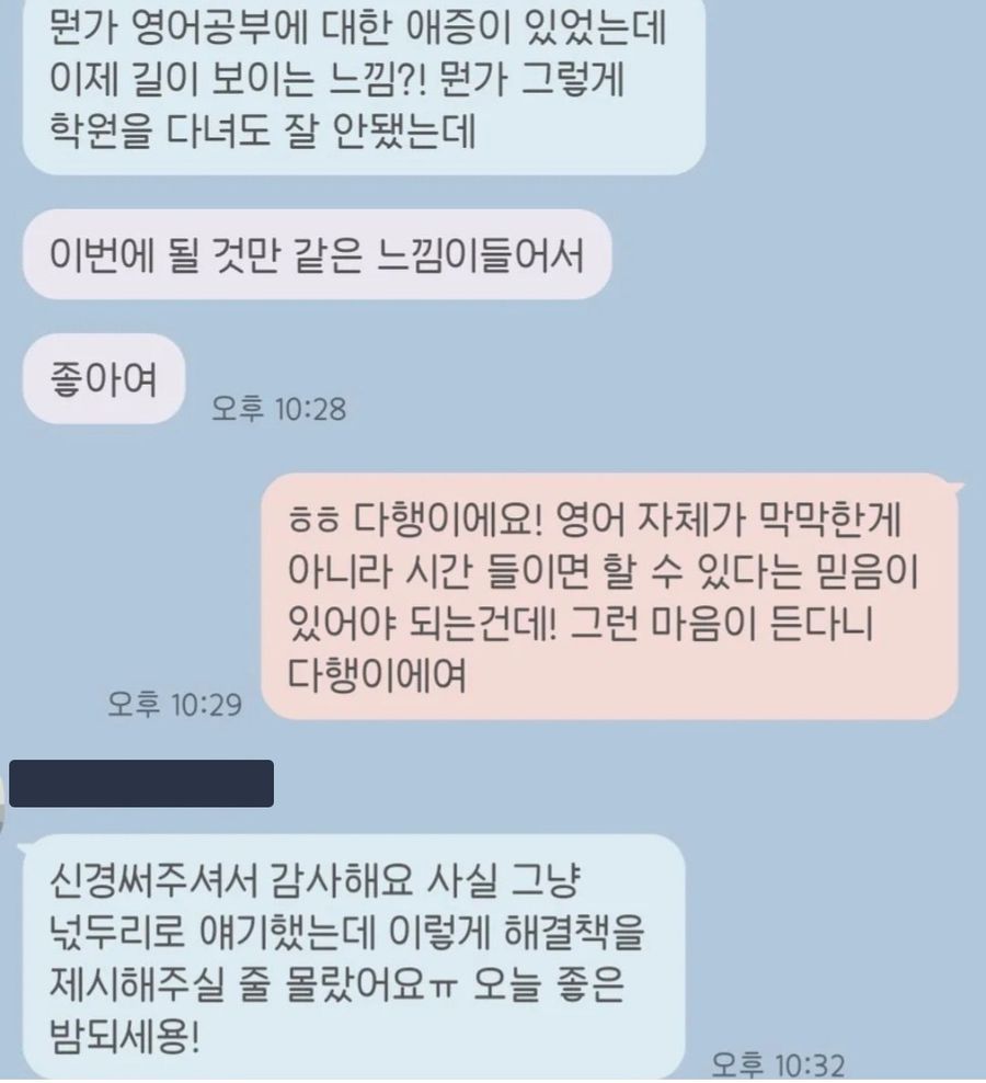 영어 공부 방향에 관한 상담 후기 원문 사진