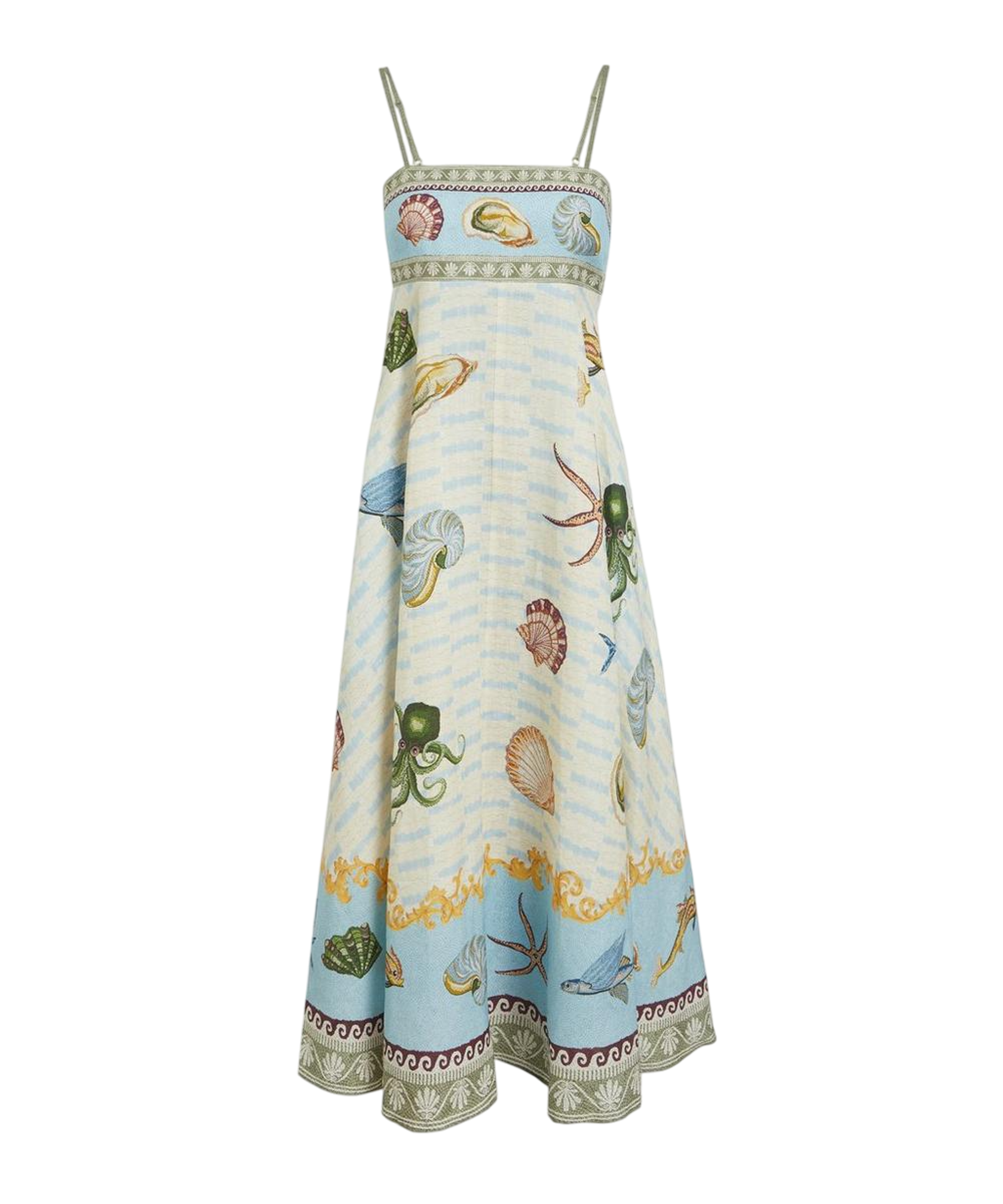 A blue dress with shells on it