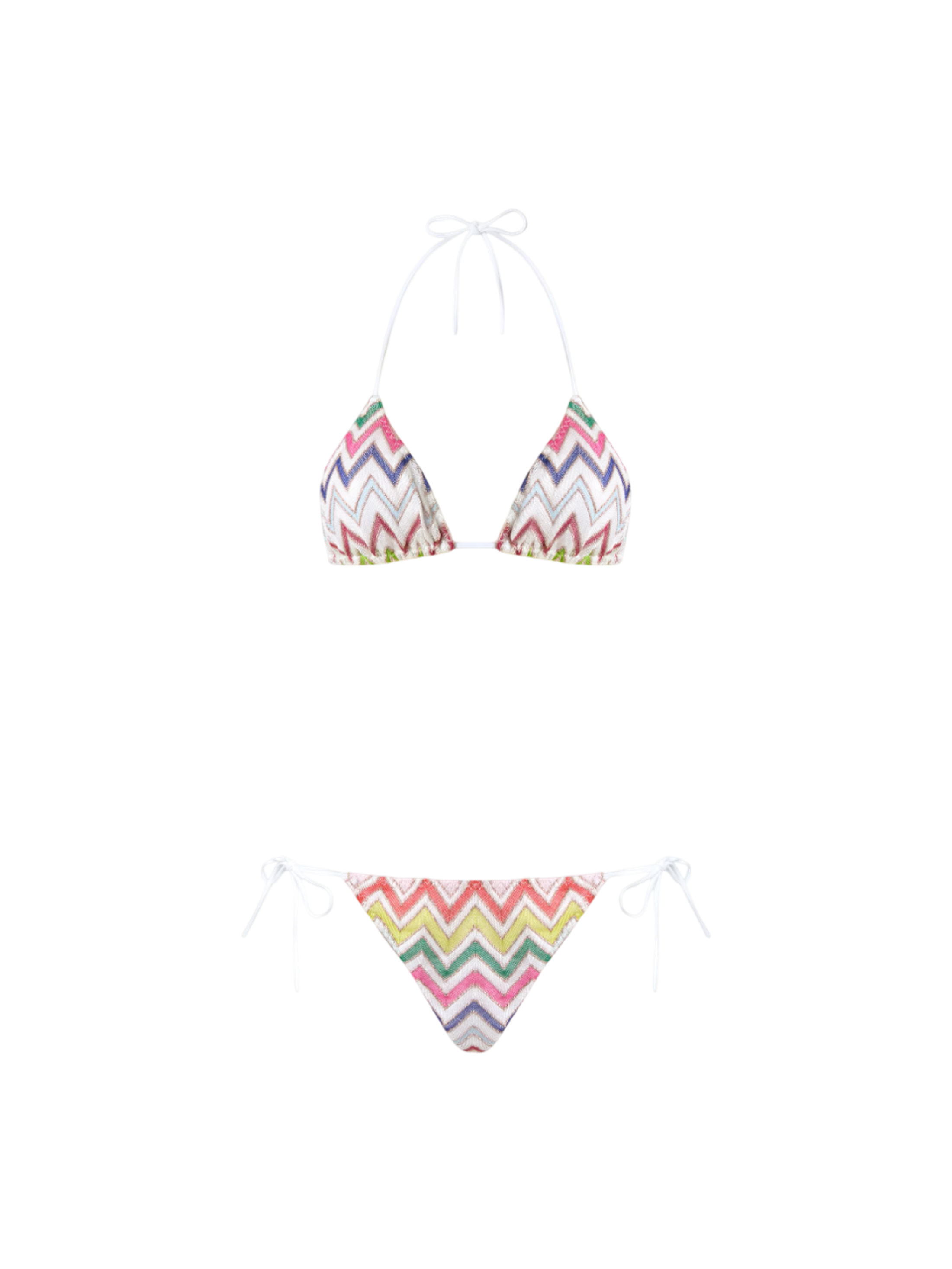 A multicoloured zig zag bikini with a white background