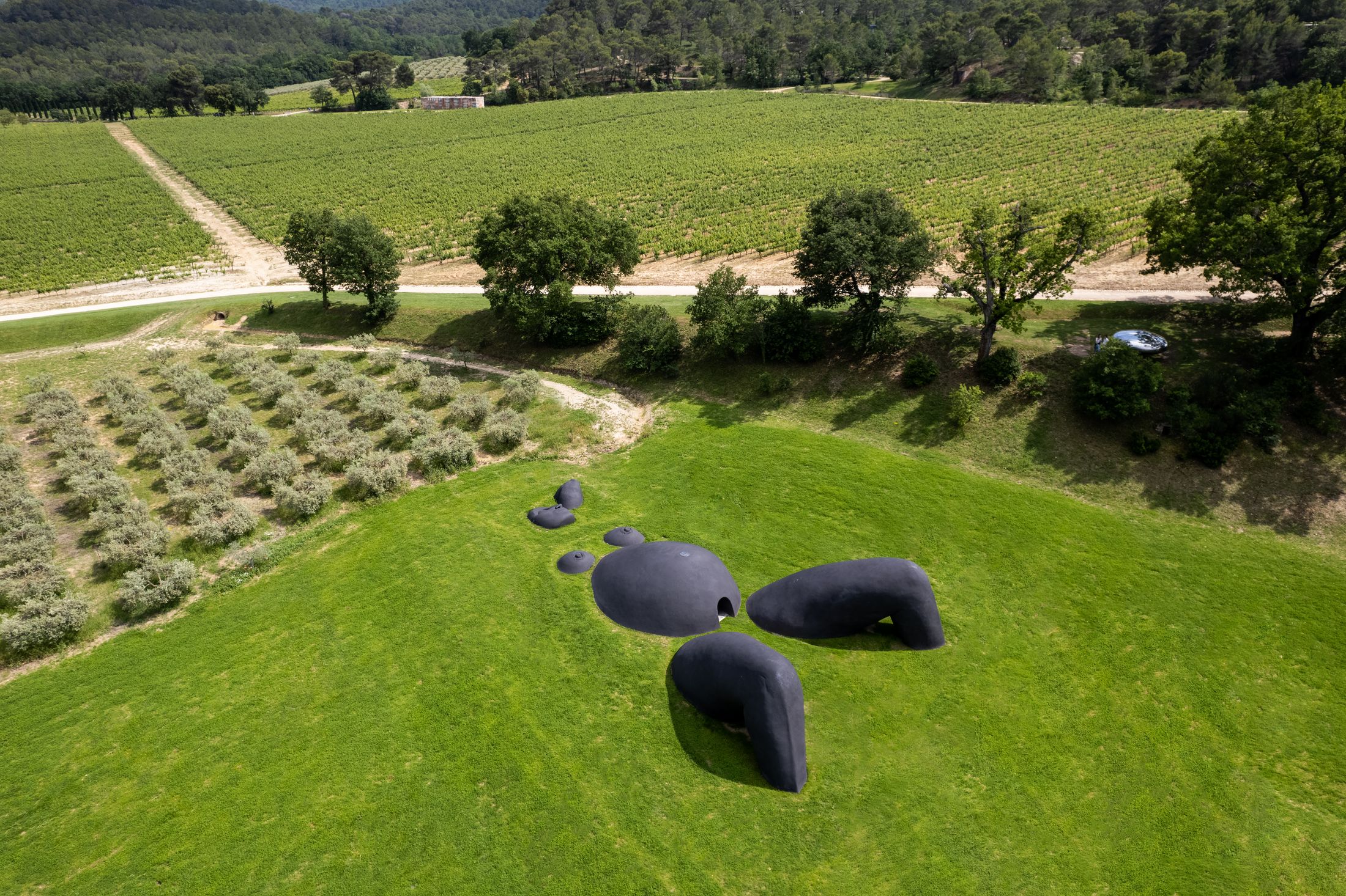 A sculpture by in a vineyard of a woman lying on the ground with her legs apart