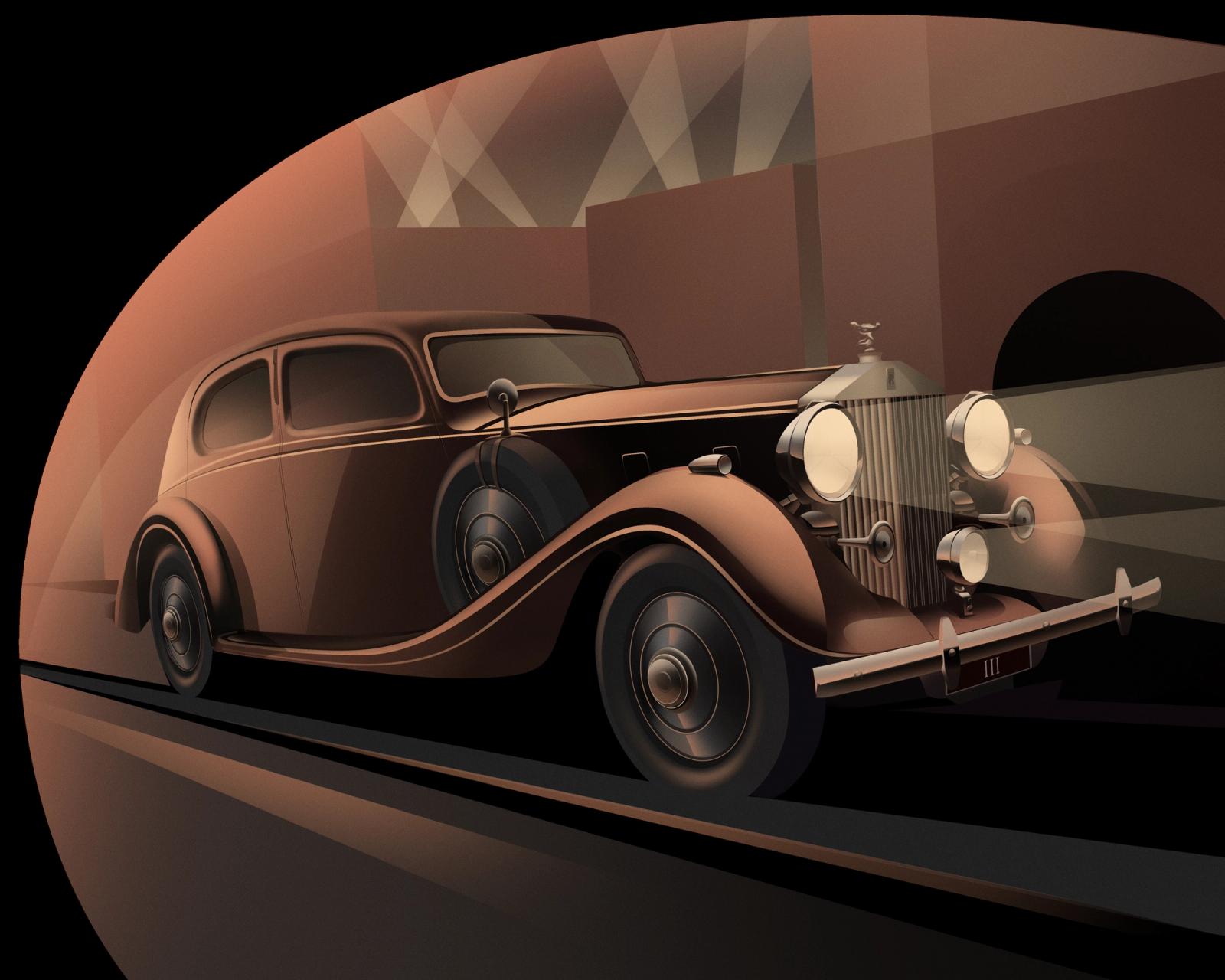 A drawing of an old rolls royce phantom with the headlights on