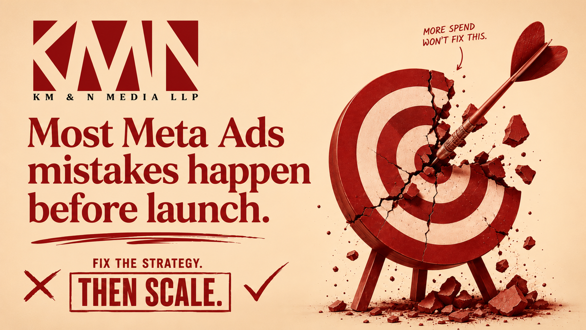 Professional illustration representing a Meta Ads strategy by KM&N Media, highlighting campaign setup, audience targeting, creative testing, Meta Pixel tracking, and conversion optimization to improve advertising performance.
