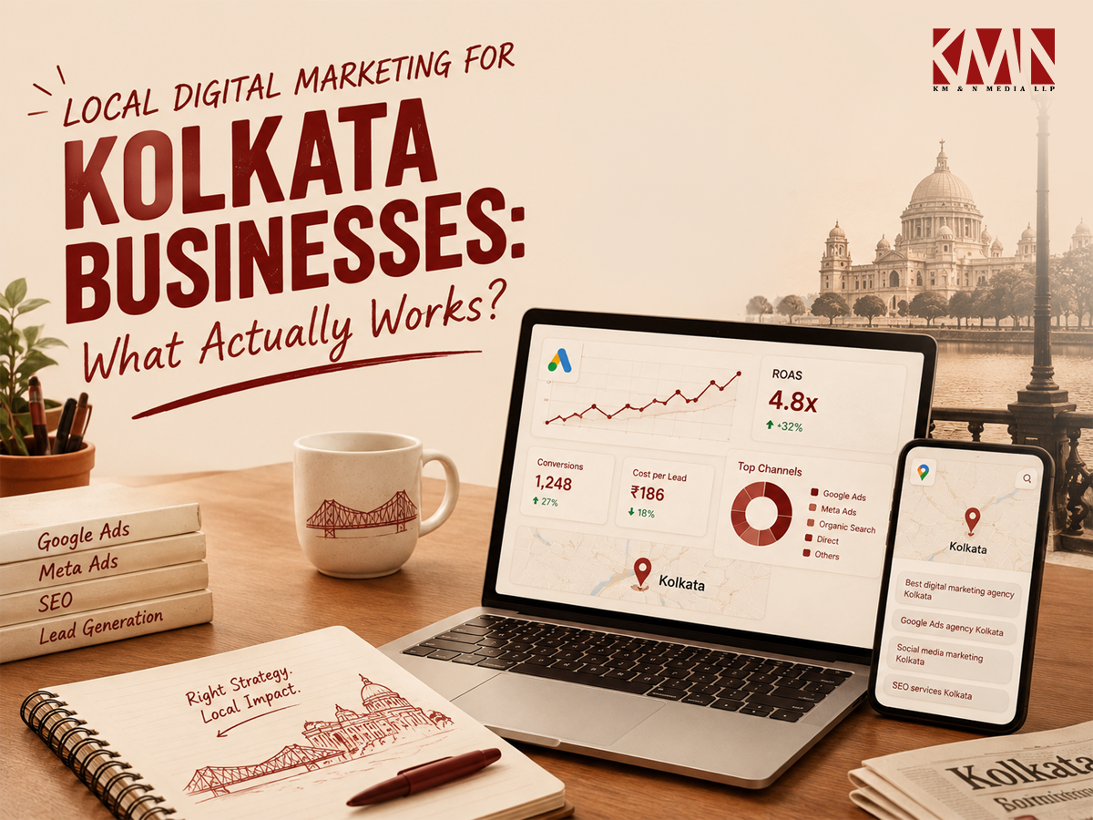 Local digital marketing strategy for Kolkata businesses featuring Google Ads, Meta Ads, SEO and lead generation.