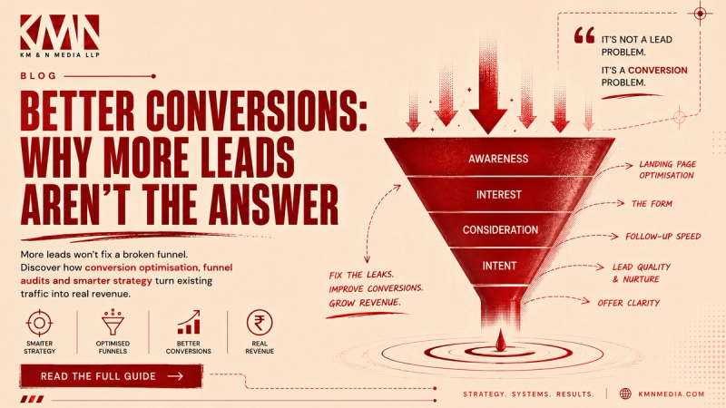 Professional illustration highlighting conversion optimisation and funnel optimisation by KM&N Media, showing how landing page improvements, sales funnel audits, and performance marketing strategies increase conversions without generating more leads.
