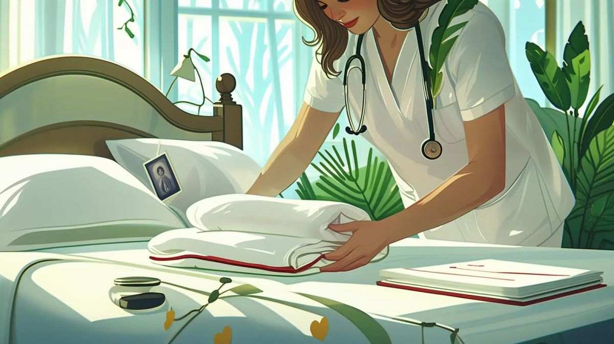 Quiet living room with hospital bed and natural light, representing hospice care at home for a family