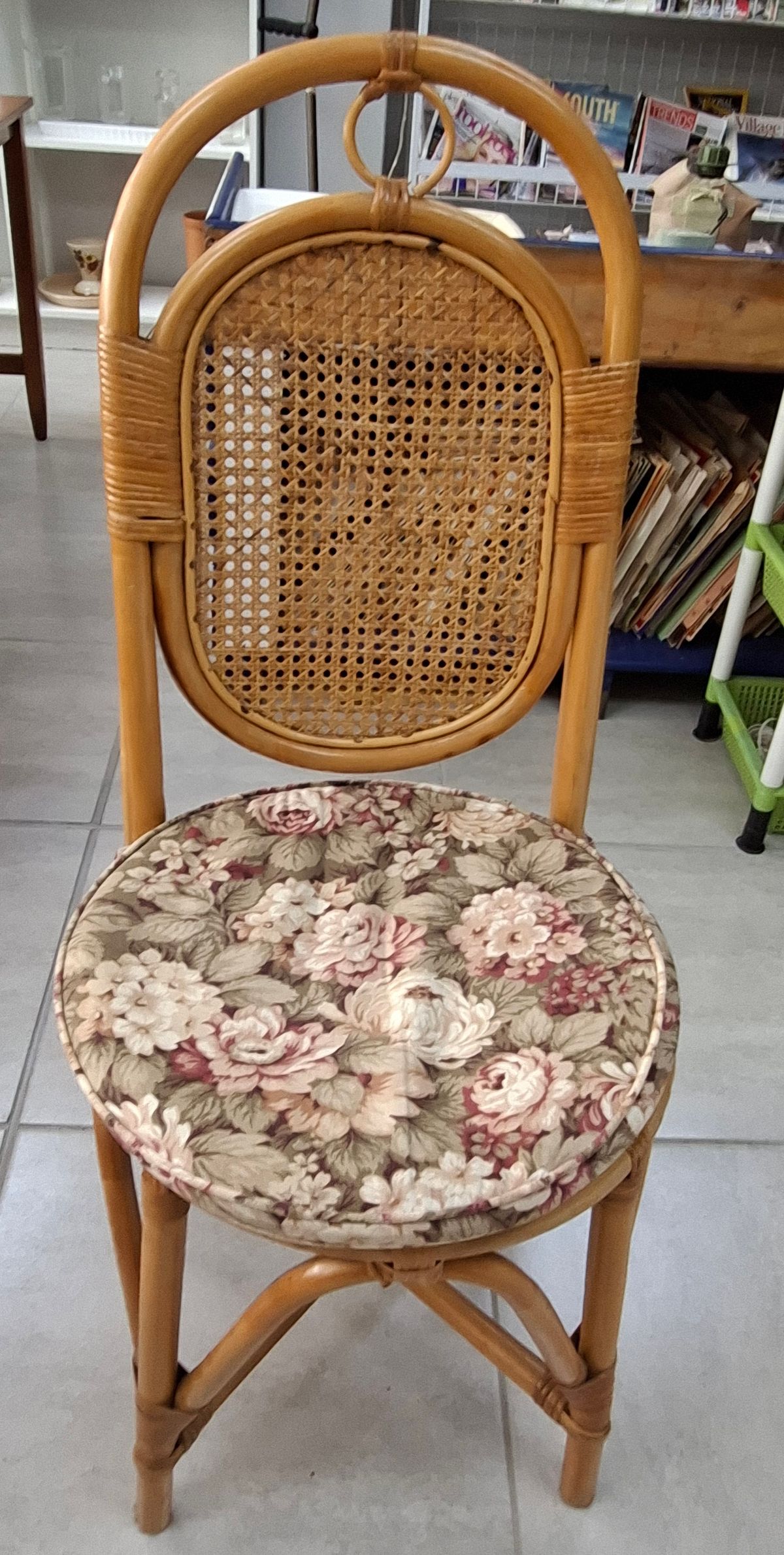 Vintage Cane & Rattan Chair with Floral Cushion