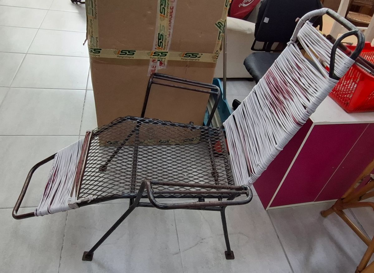 Vintage Metal & Woven Cord Reclining Lounge Chair