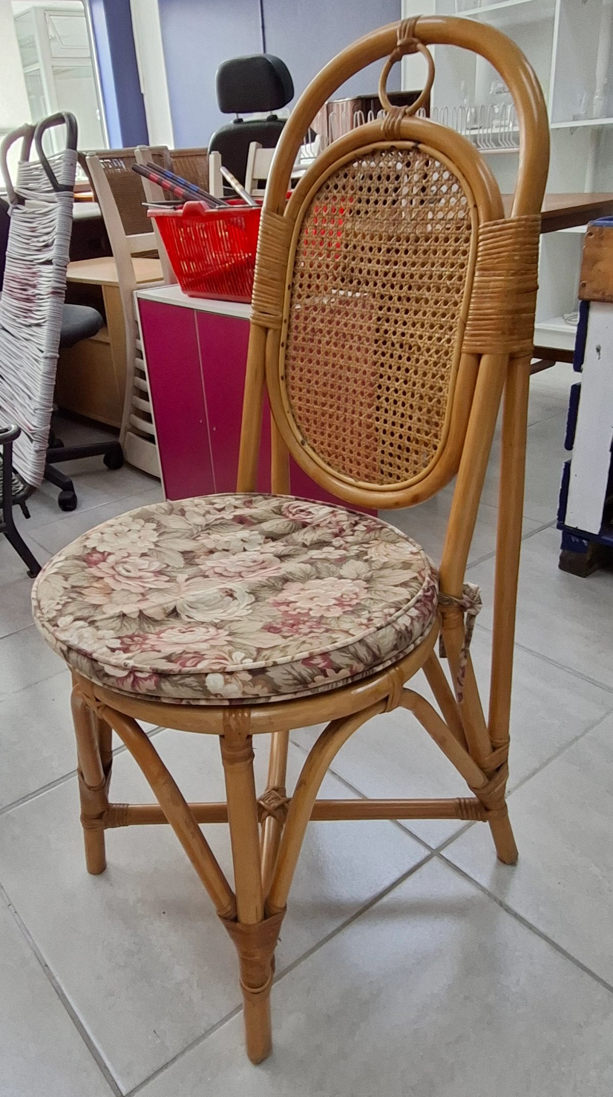 Vintage Cane & Rattan Chair with Floral Cushion 3