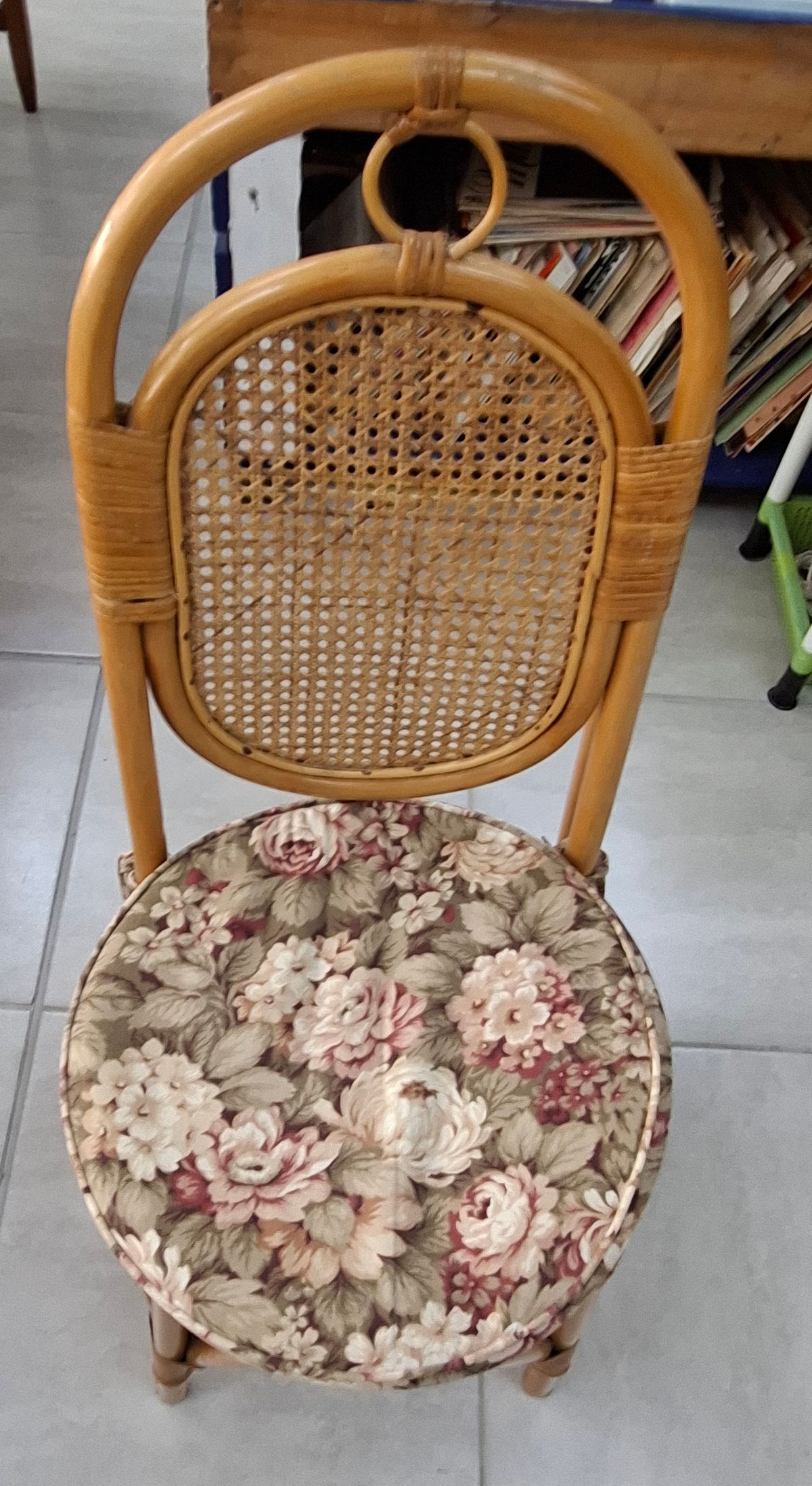 Vintage Cane & Rattan Chair with Floral Cushion 2