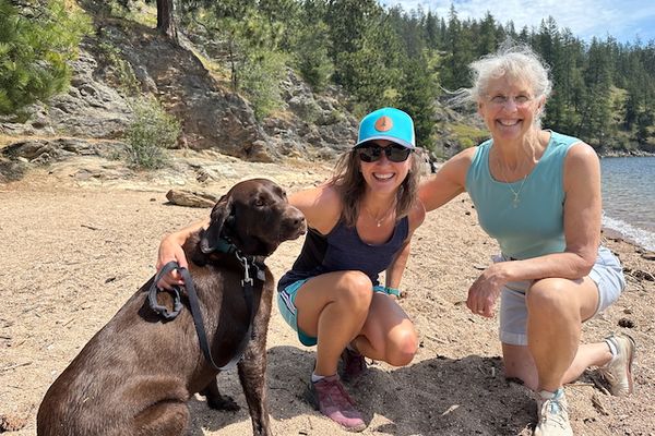 My mom, my chocolate lab, and me on the beach for my first hike of the season!