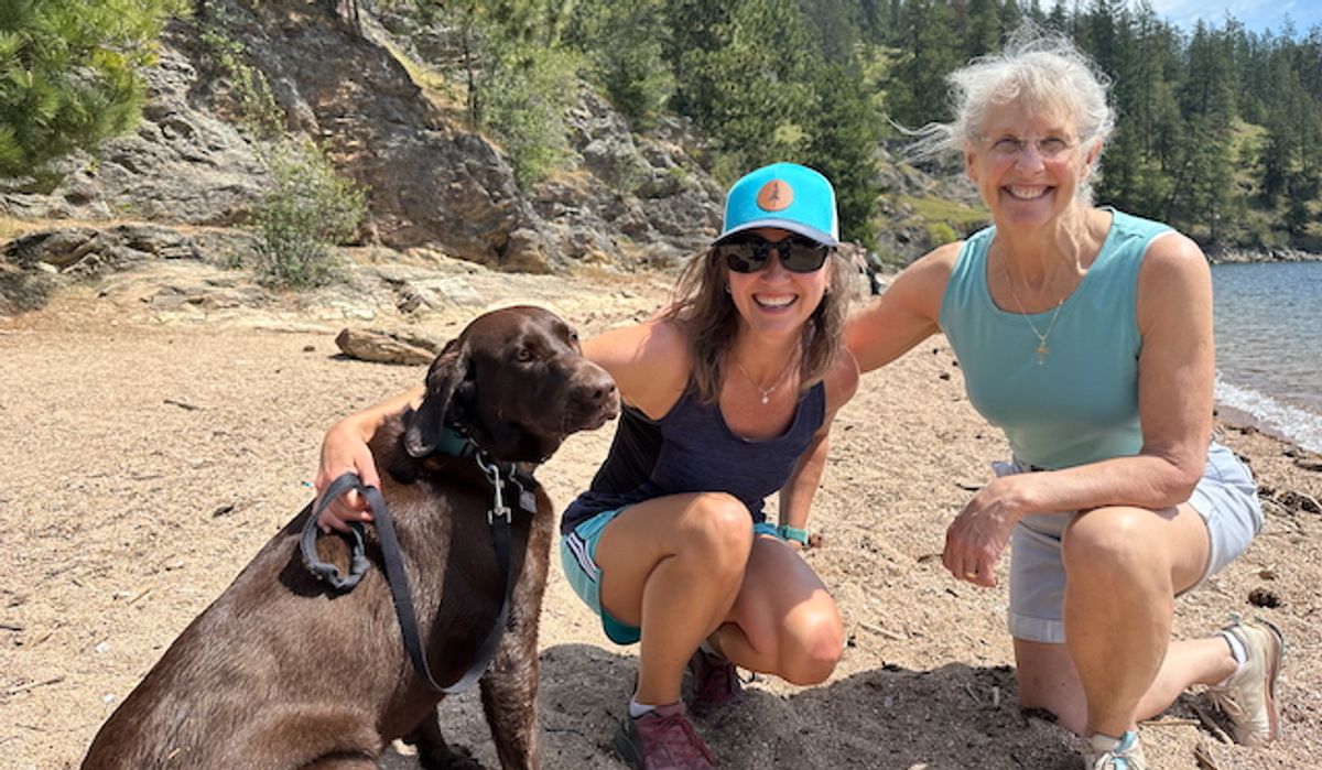 My mom, my chocolate lab, and me on the beach for my first hike of the season!