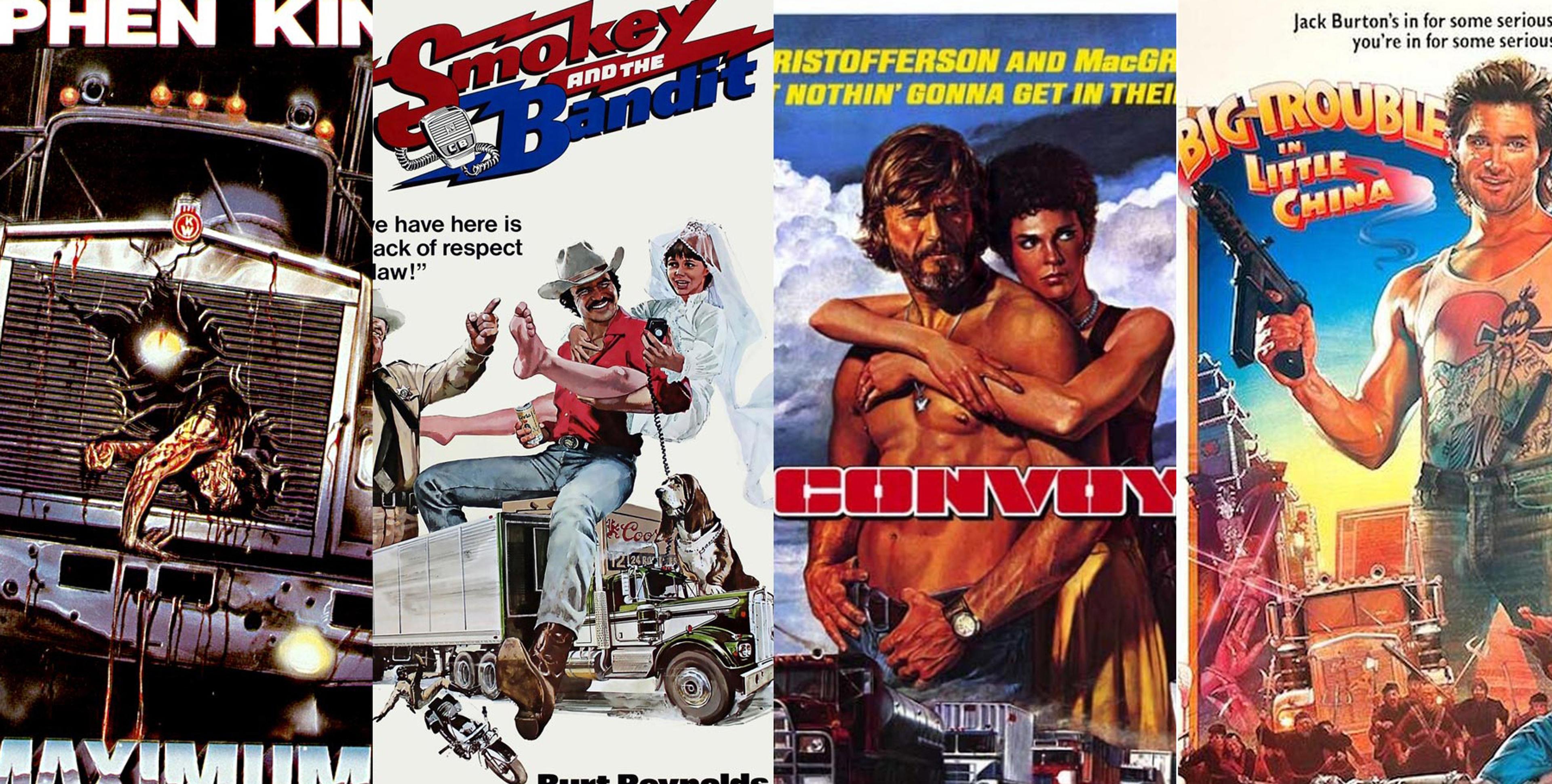 4 movie posted cropped together of Maximum Overdrive, Smokey and the Bandit, Convoy and Big Trouble in Little China.