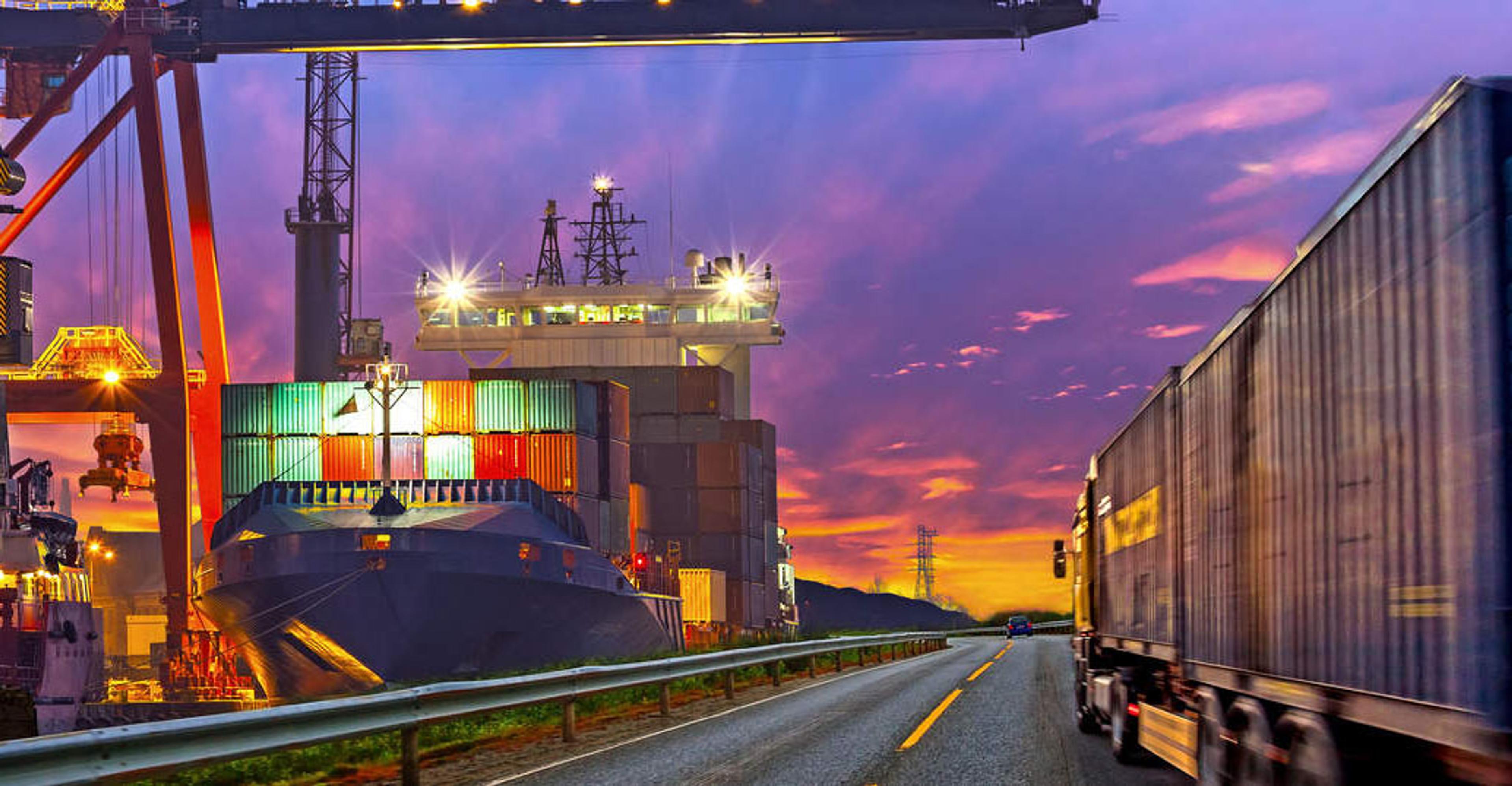 Side-by-side images of a loaded ocean vessel and a tractor trailer.