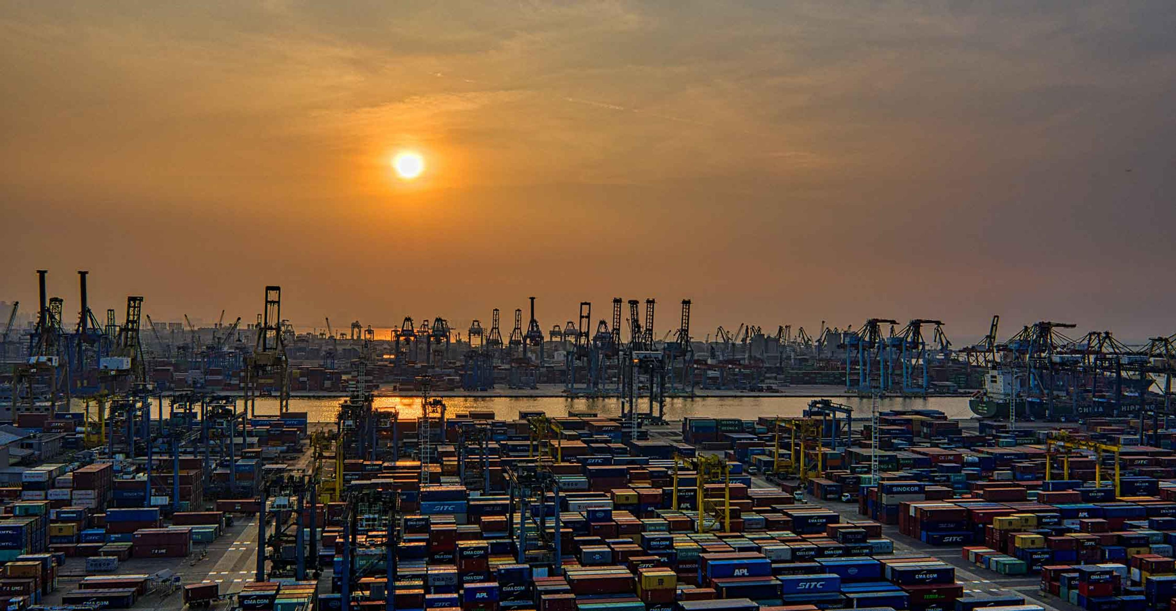 A port at sunset.