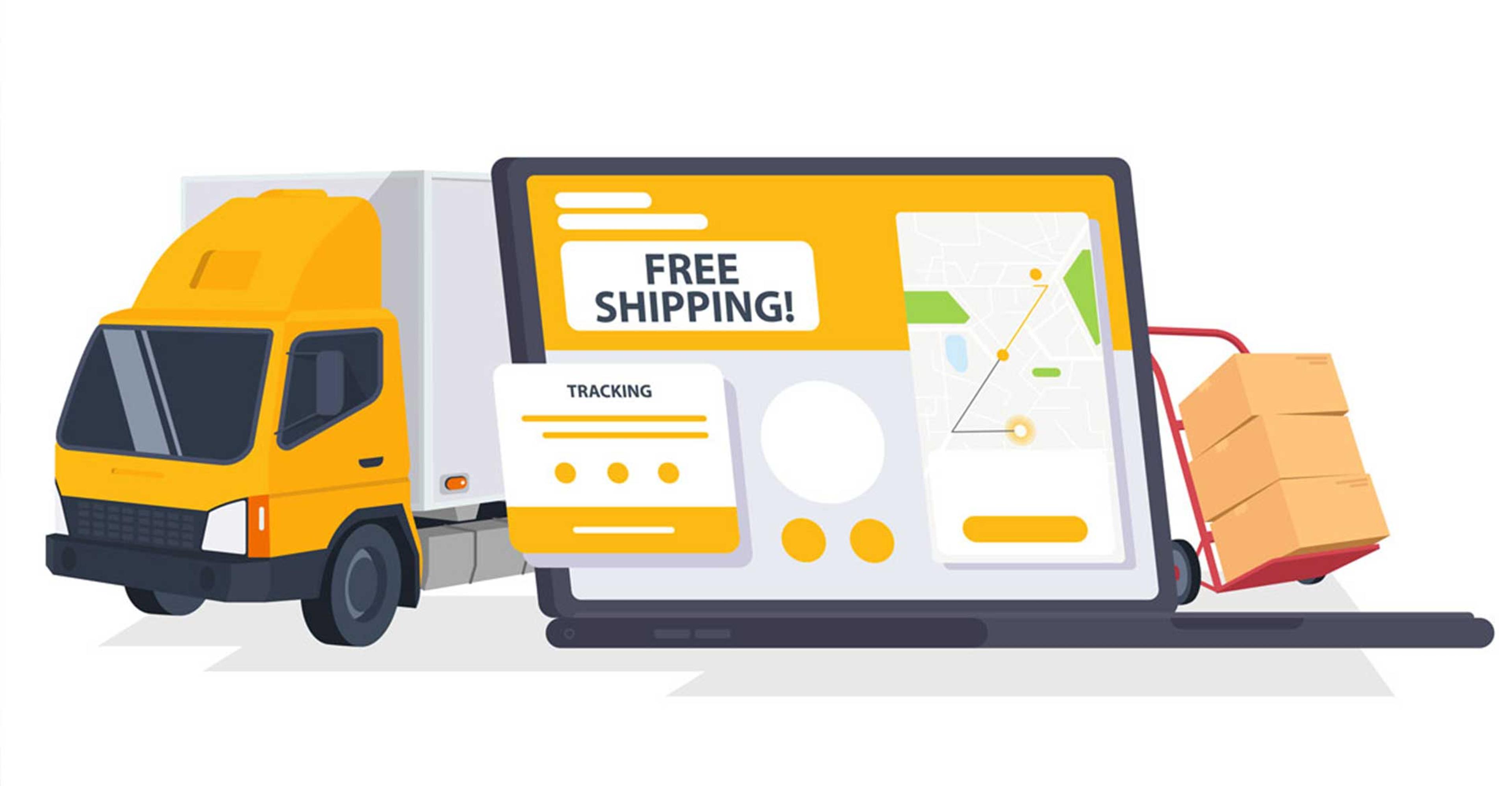 Graphic of a delivery truck and a computer that reads "free shipping"
