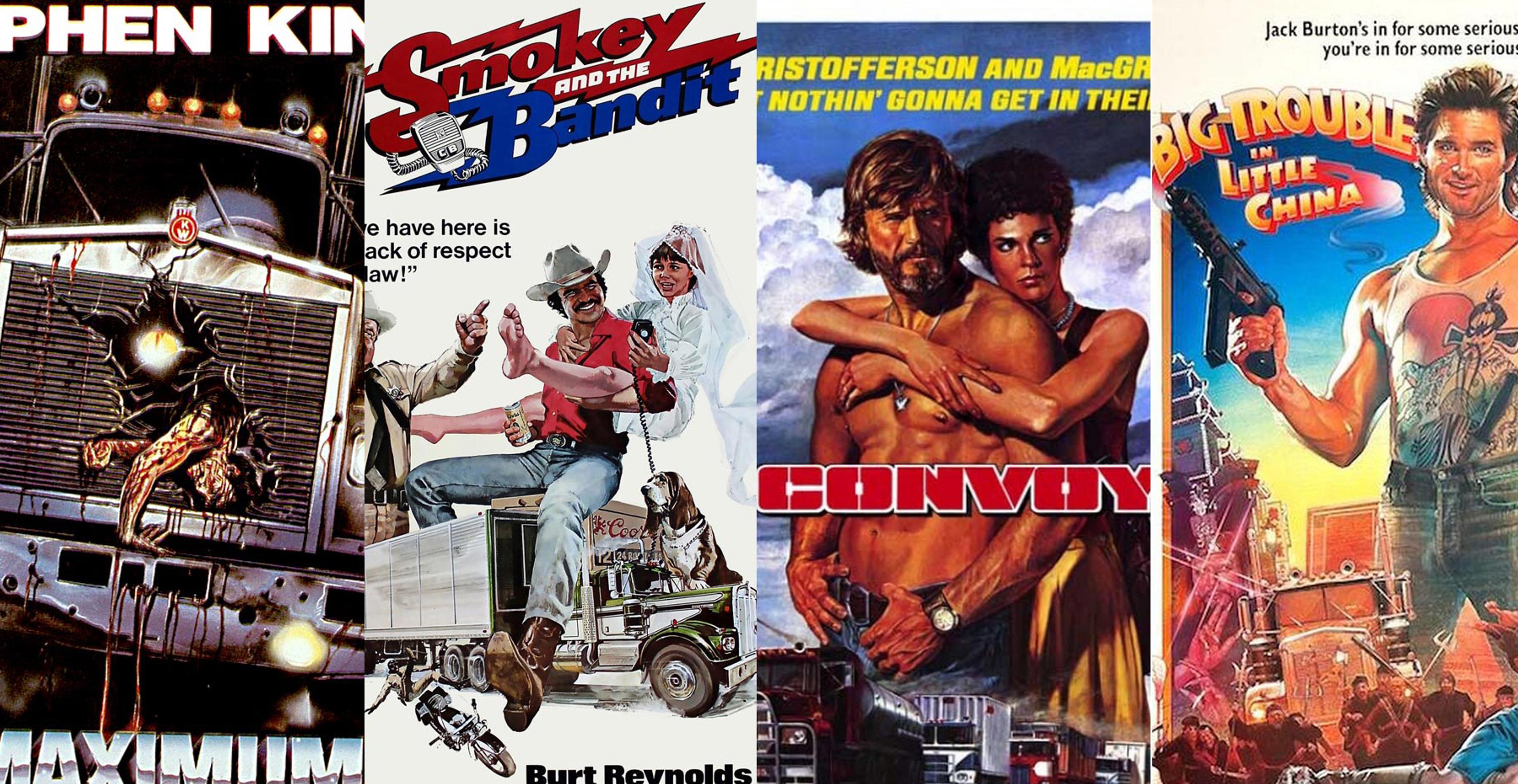4 movie posted cropped together of Maximum Overdrive, Smokey and the Bandit, Convoy and Big Trouble in Little China.