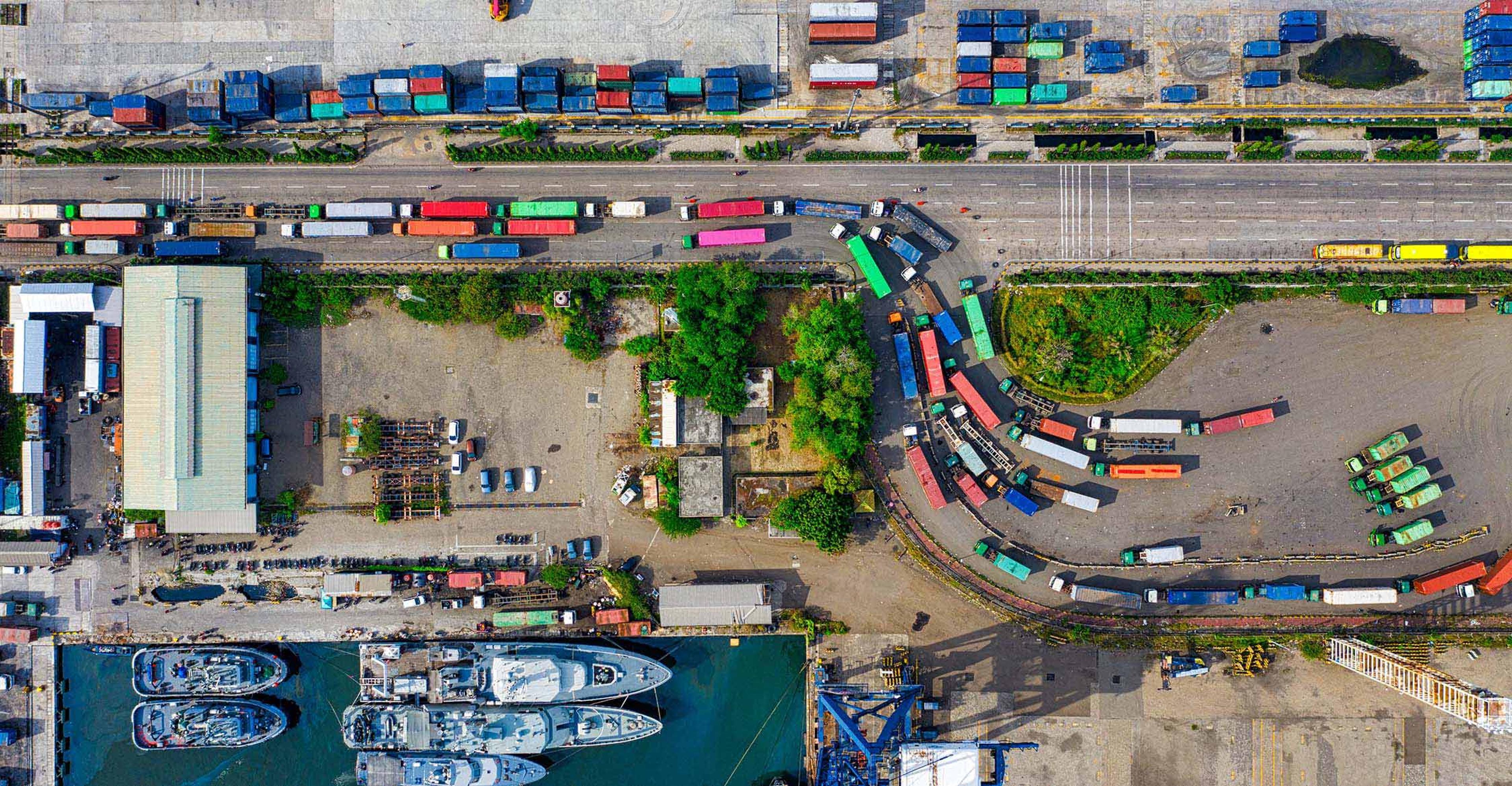 An overhead view of a busy port.