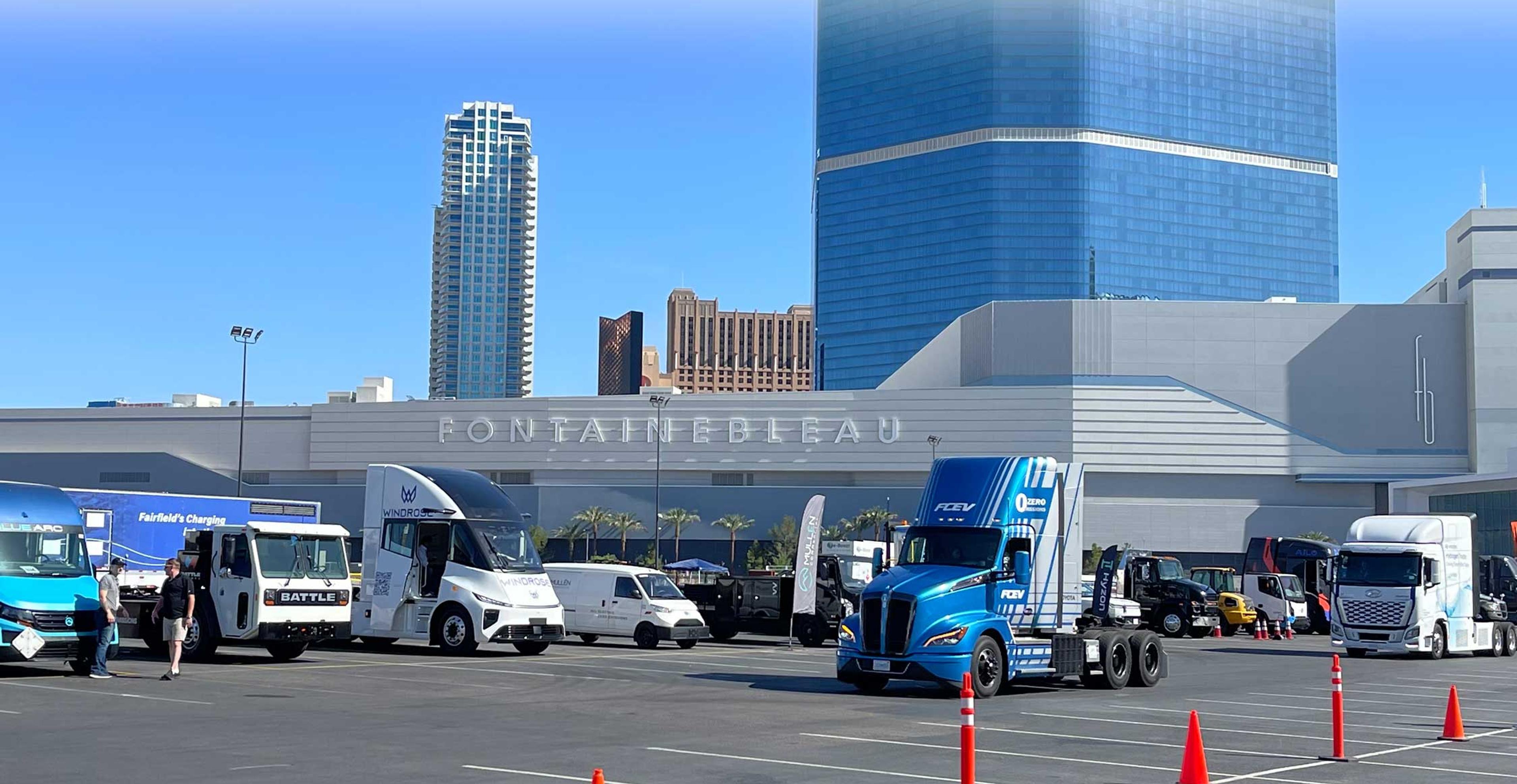 Semi trucks out front of the Fontainebleau Casino in Las Vegas.