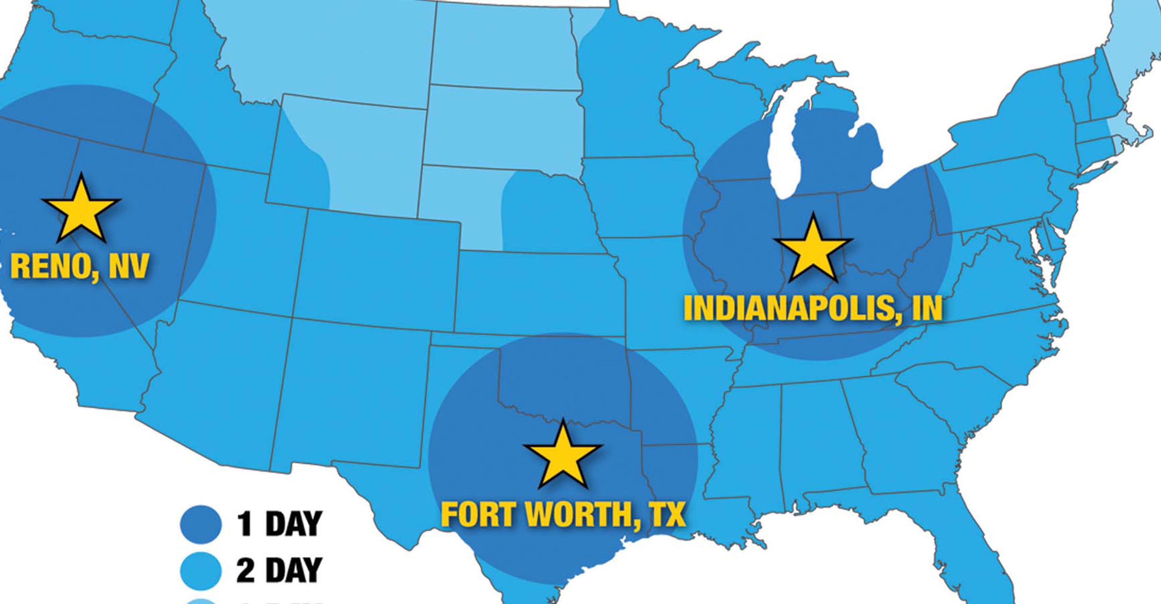 A map of the us with the locations of ITS distribution centers marked