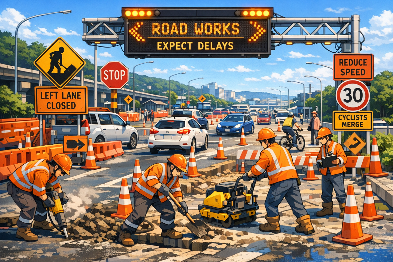 Illustration of a busy roadworks site with workers in high-vis repairing the road among cones and signs reading Road works expect delays, Left lane closed and Reduce speed 30