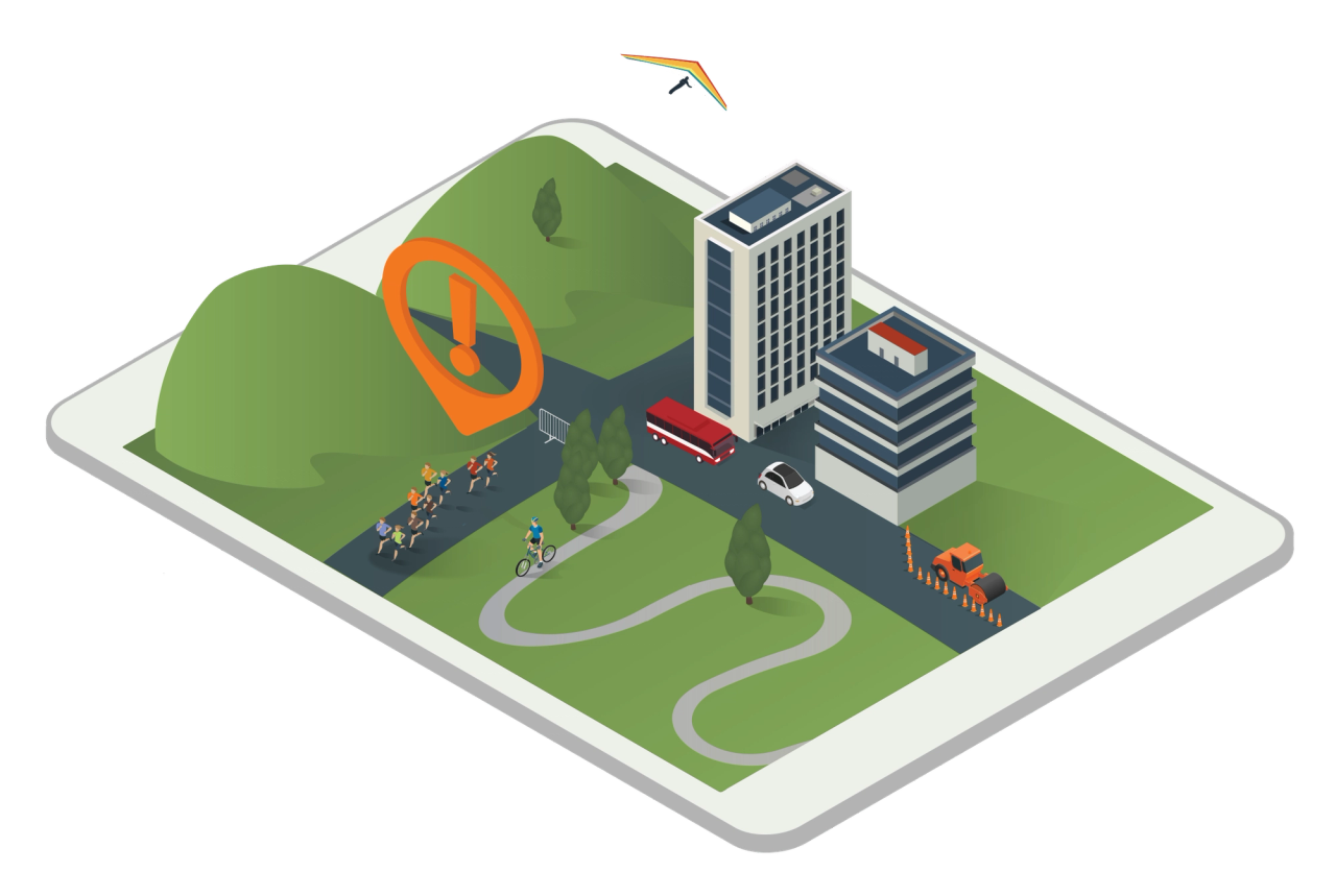 Isometric illustration of a town with a detour and traffic management in place