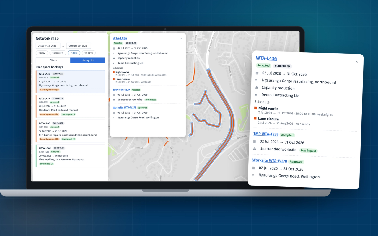 myWorksites on a laptop, showing the network map with a road space booking open, its schedule, the TMP it belongs to and the worksite, with the booking detail enlarged alongside