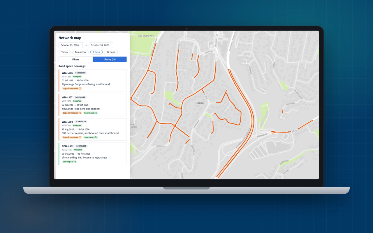 myWorksites on a laptop, showing the network map with a week of road space bookings on Wellington streets and the state highway