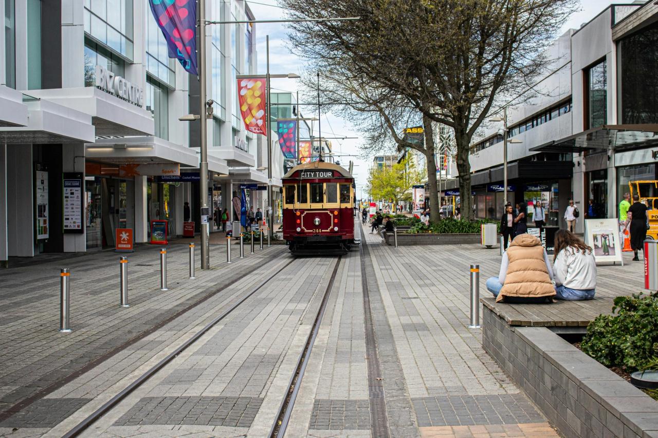 Heritage tram on Cashel Street in Christchurch's rebuilt central city
